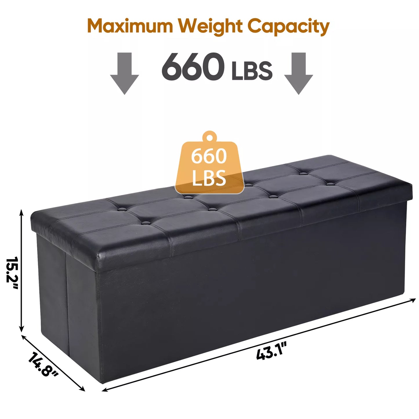 43-Inch Black Storage Ottoman Bench