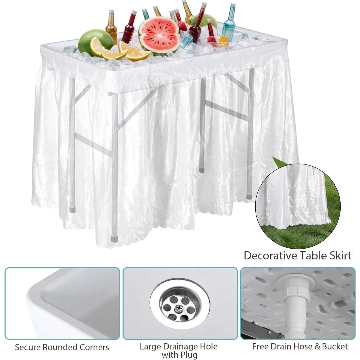 Portable Ice Cooler Table with Drain & Detachable Skirt