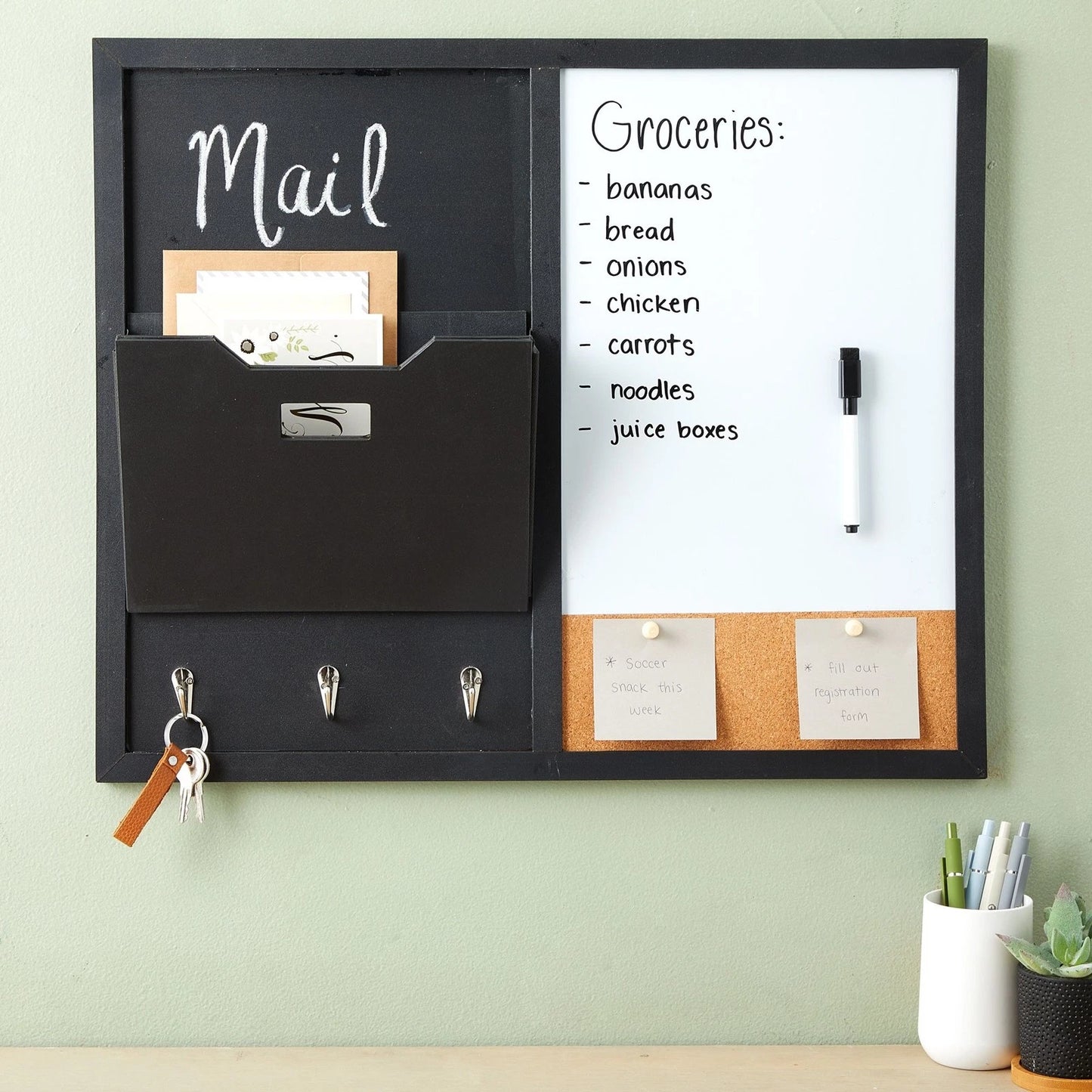 Magnetic Message Board Wall Organizer with Hooks