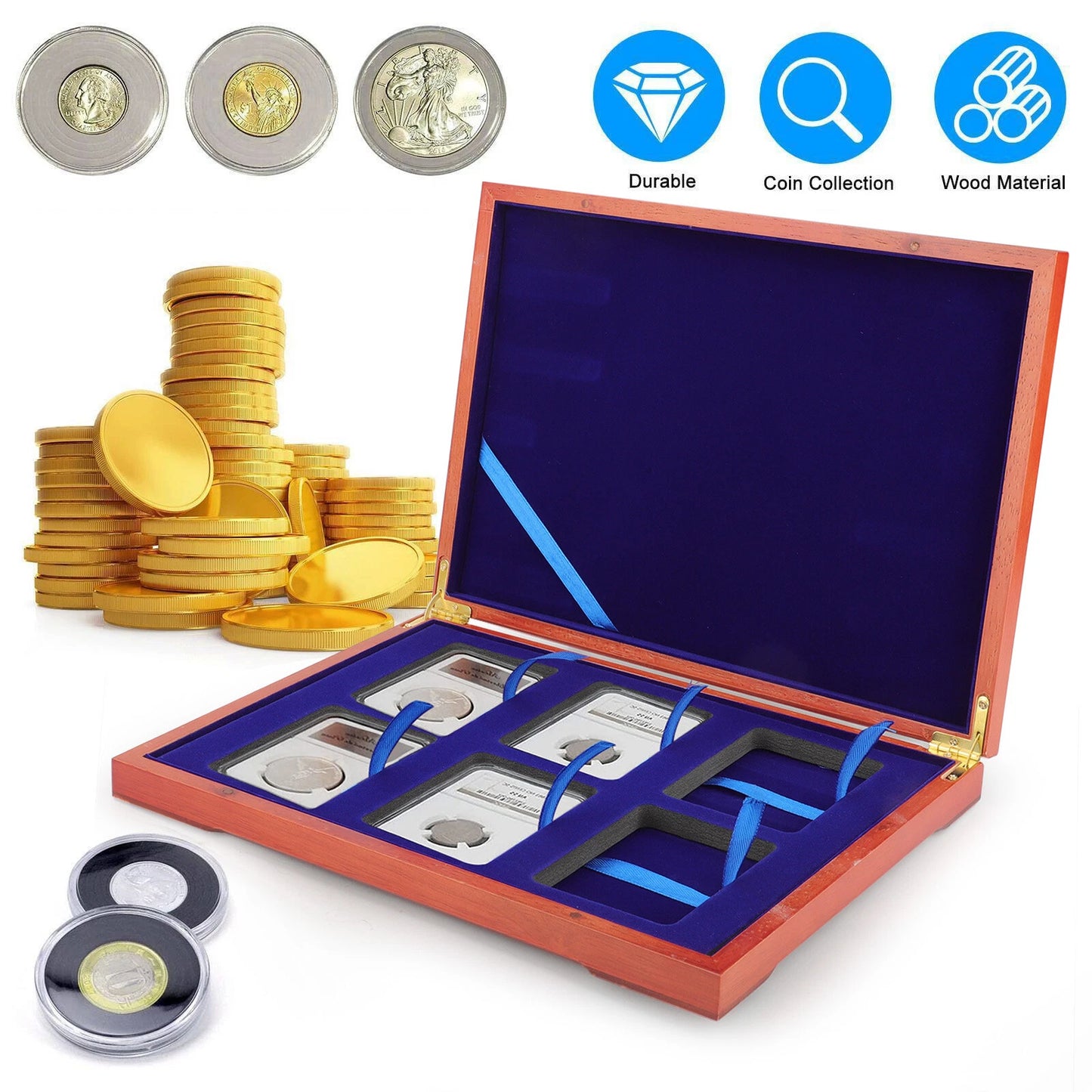 Solid Wood Storage Box for 6 Certified PCGS NGC Coin Slab Holders