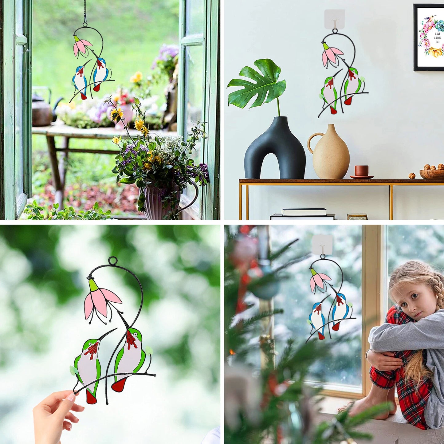 Stained Metal Bird Hummingbird Window Hanging Suncatcher