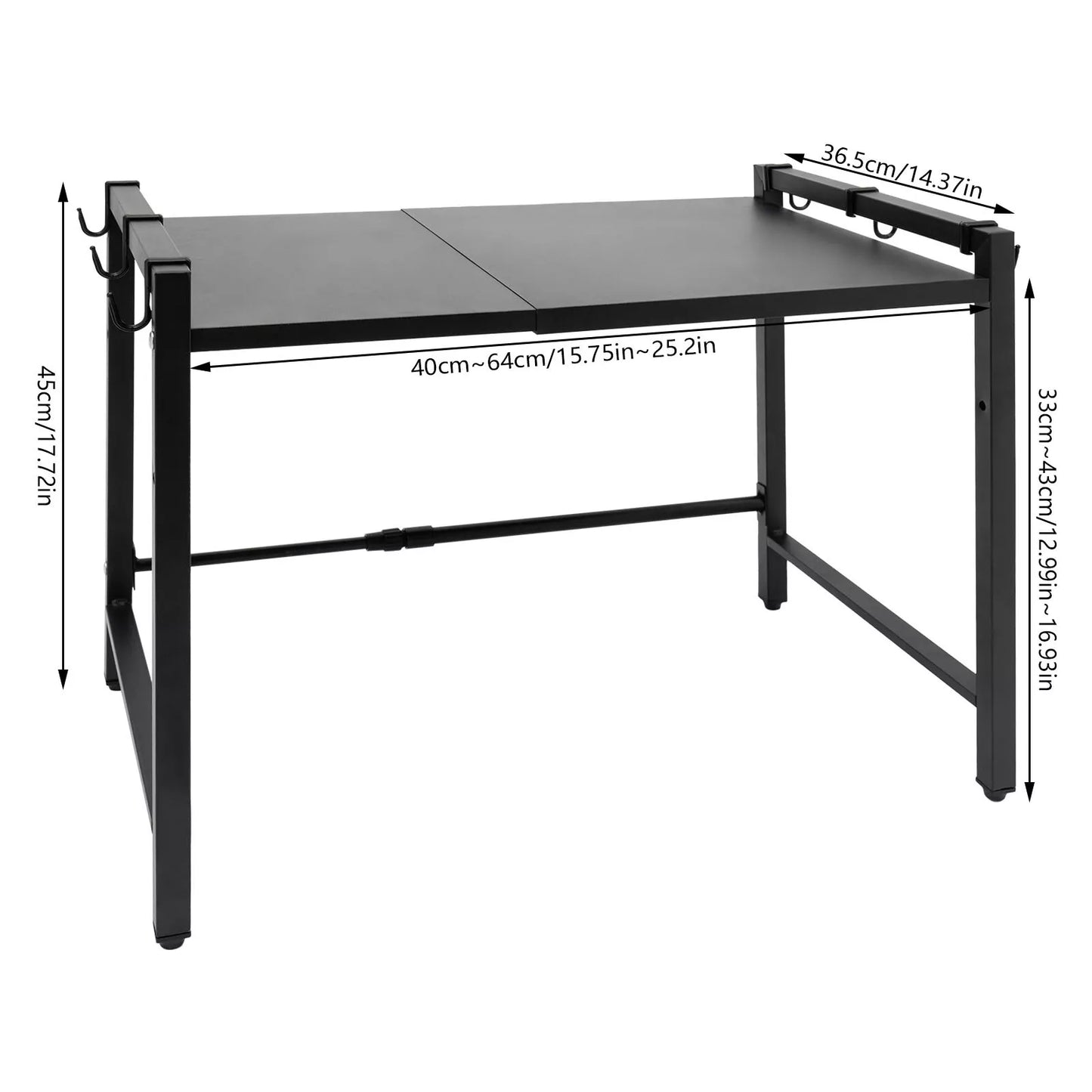 Adjustable Microwave Stand Black Carbon Steel Shelf with Hooks