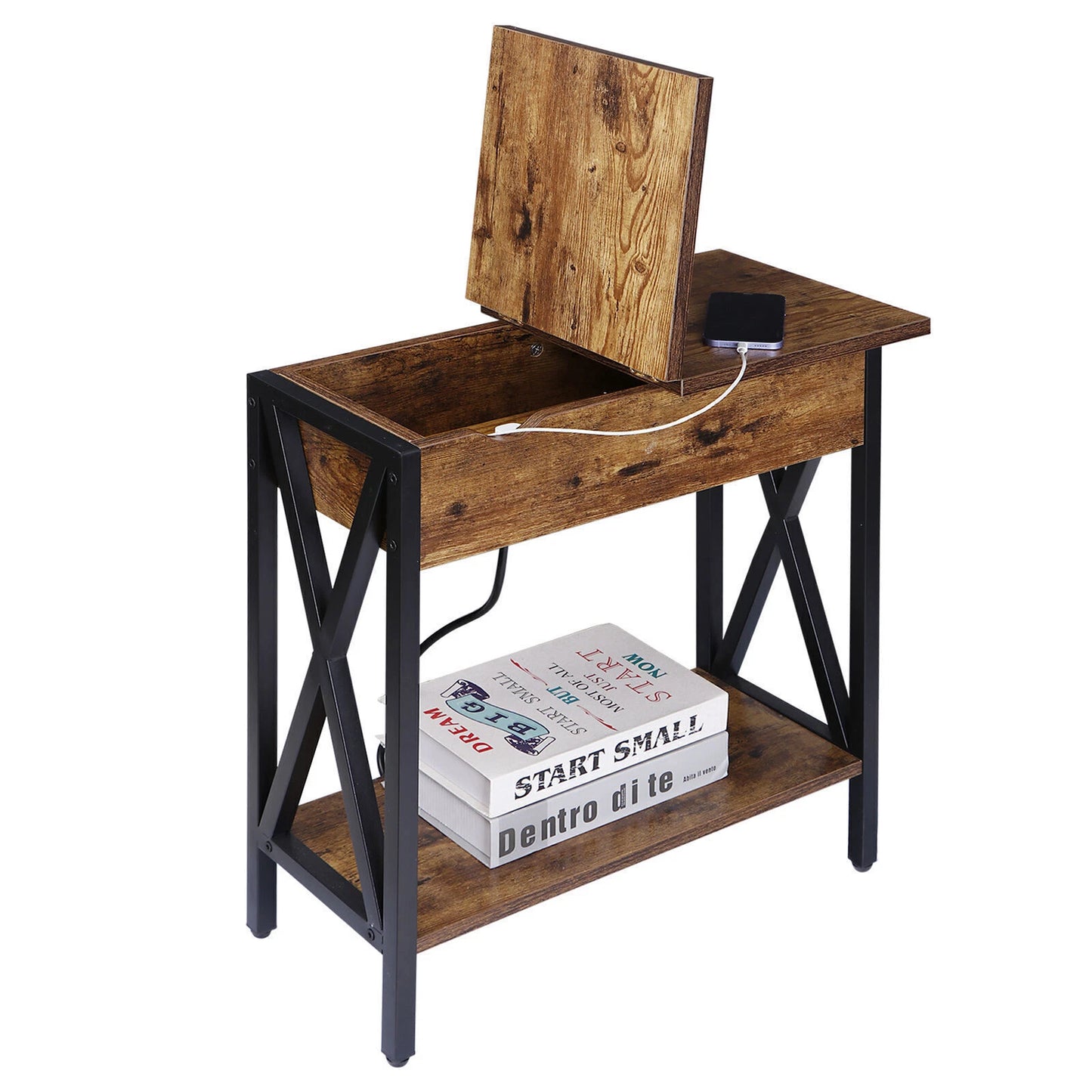 24" Flip Top End Table with Charging Station & Hidden Storage
