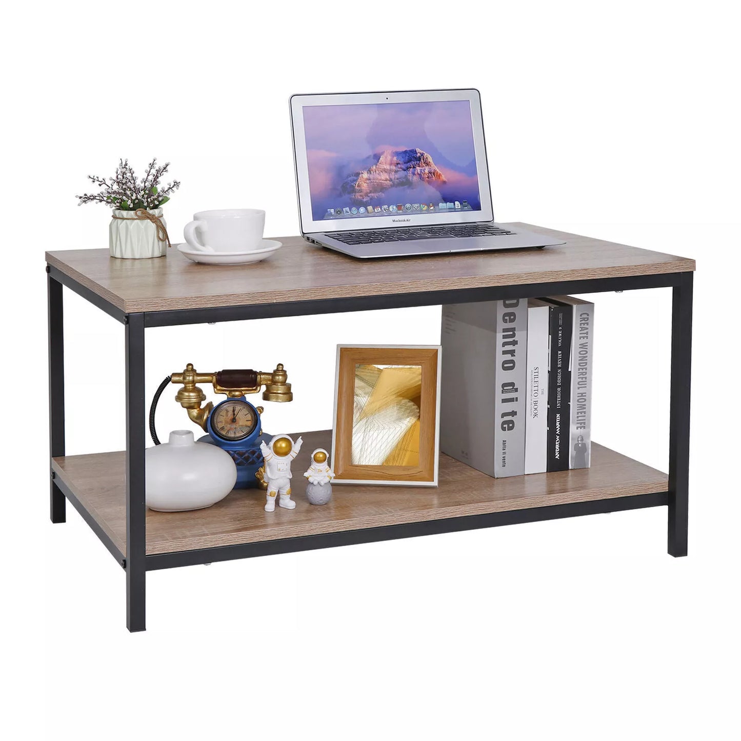 2-Tier Rectangle Wood Coffee Table with Open Shelf