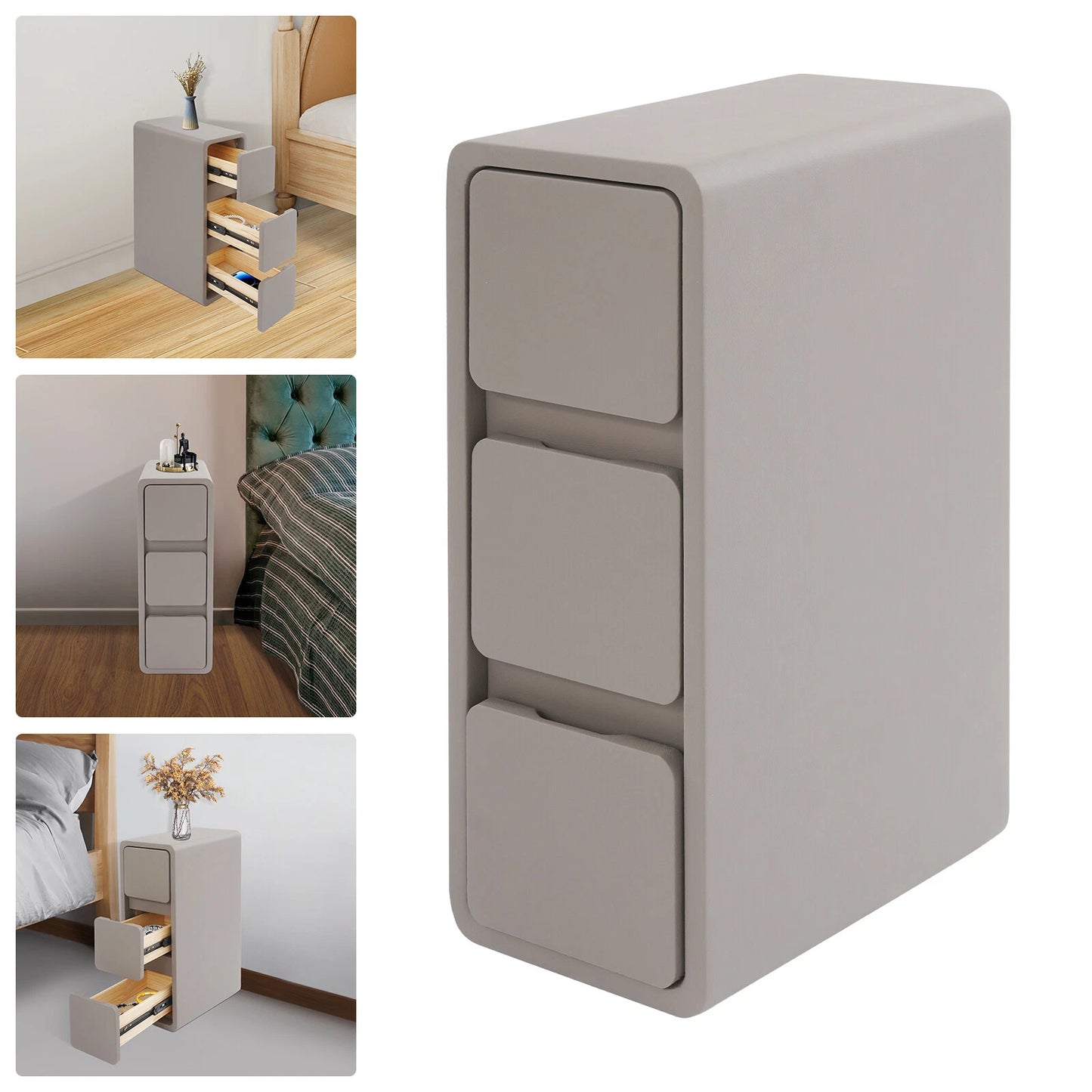 Floor-Standing Narrow Bedside Table with 3 Drawers