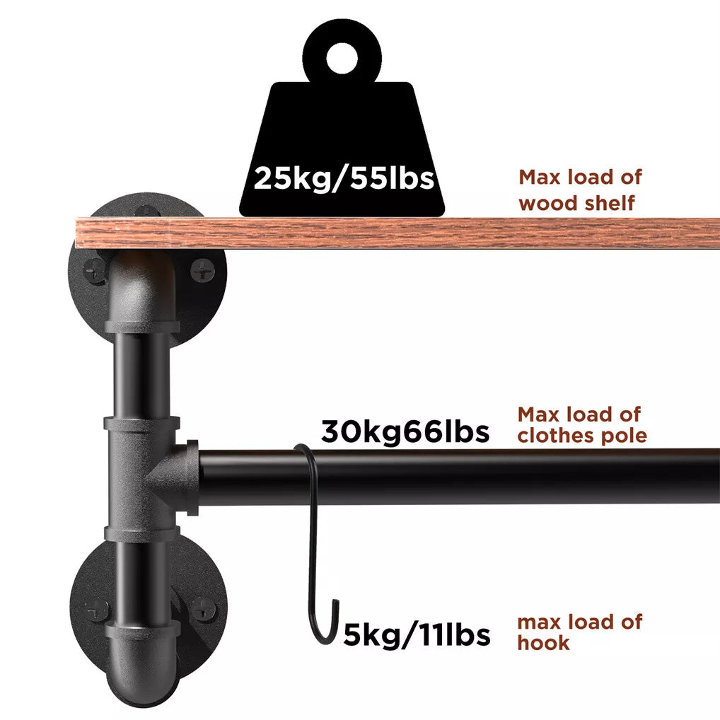 Industrial Pipe Wall-Mounted Clothes Rack with Top Shelf