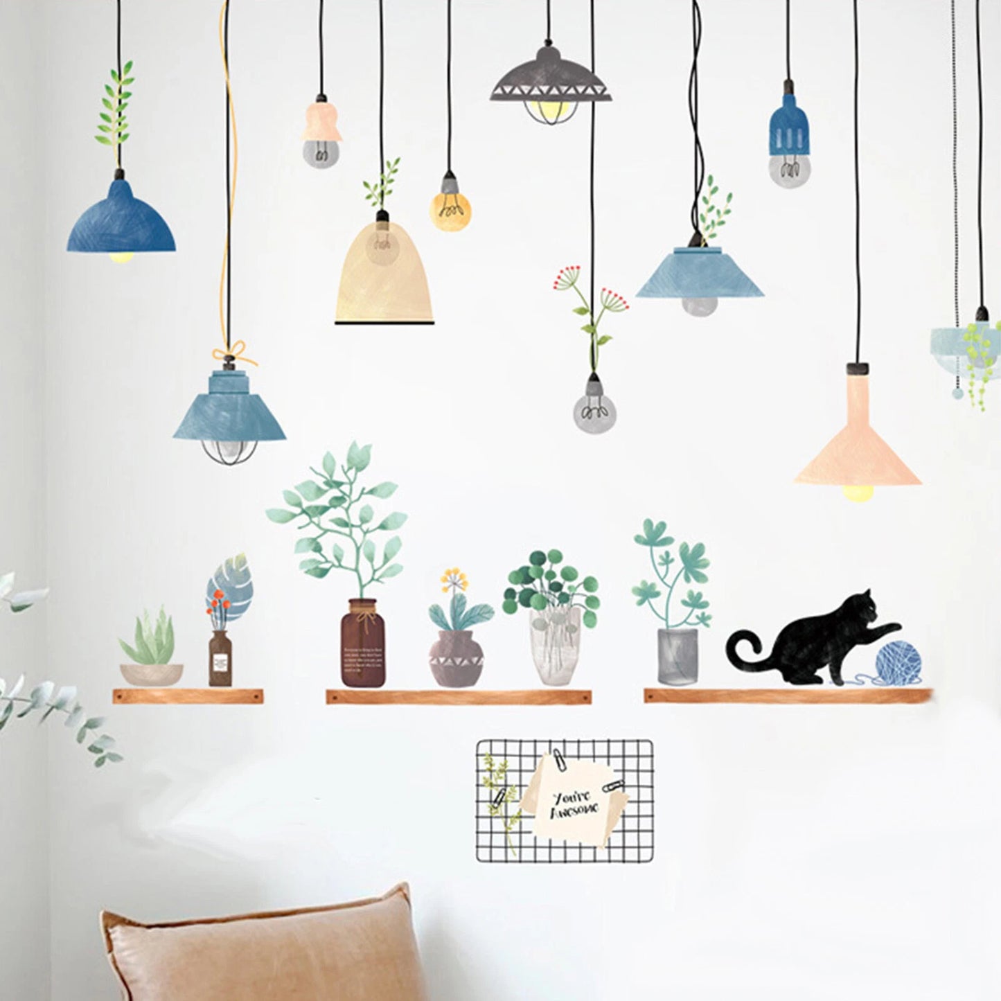 Green Potted Plants Shelves and Lamps Wall Stickers