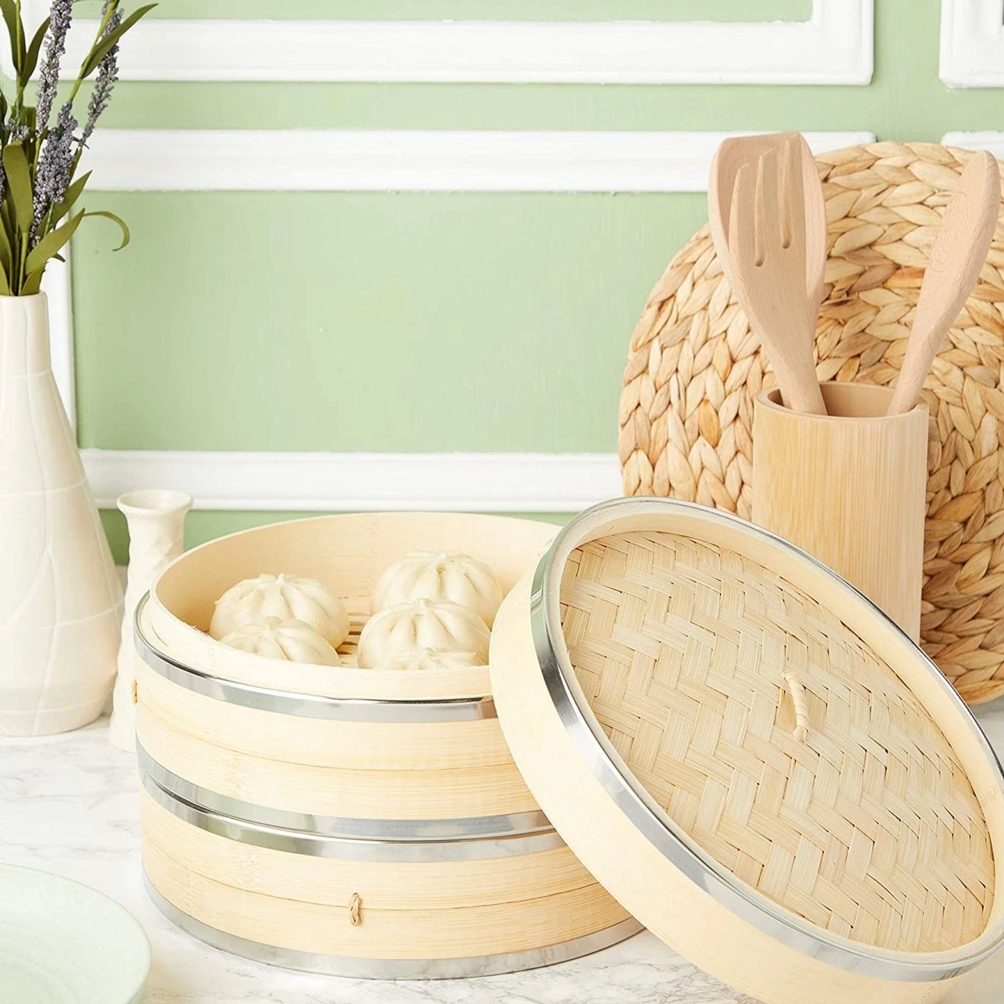 10-Inch 2-Tier Bamboo Steamer Basket with Steel Reinforcement