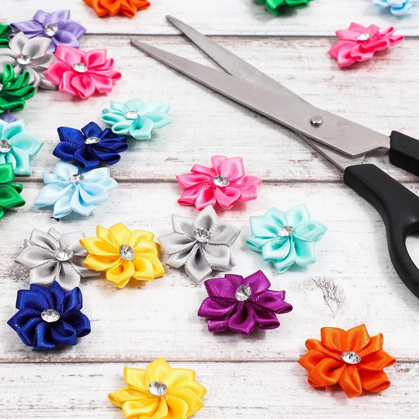 Satin Ribbon Daisy Flower Heads with Rhinestones