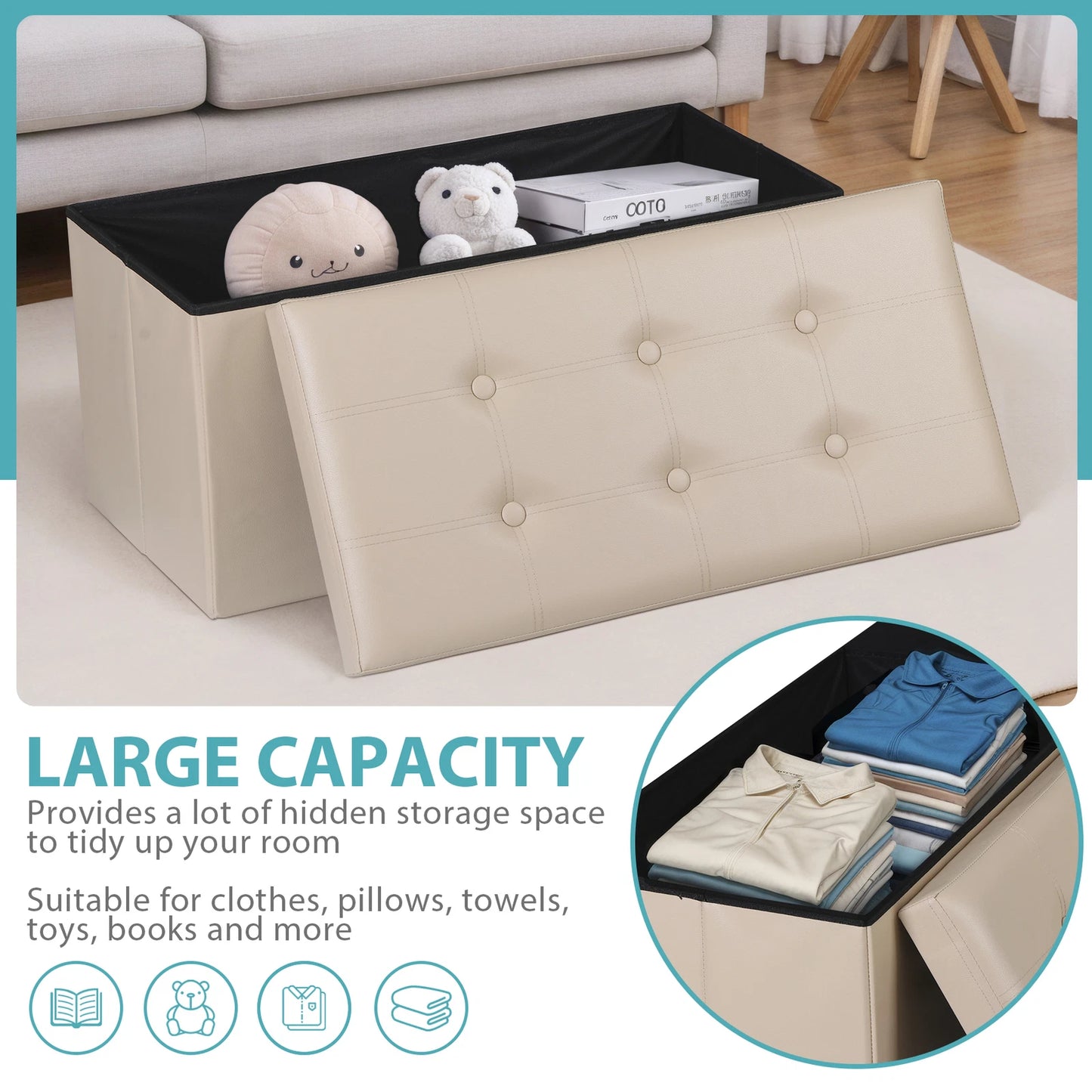 30-Inch Folding Storage Ottoman Bench