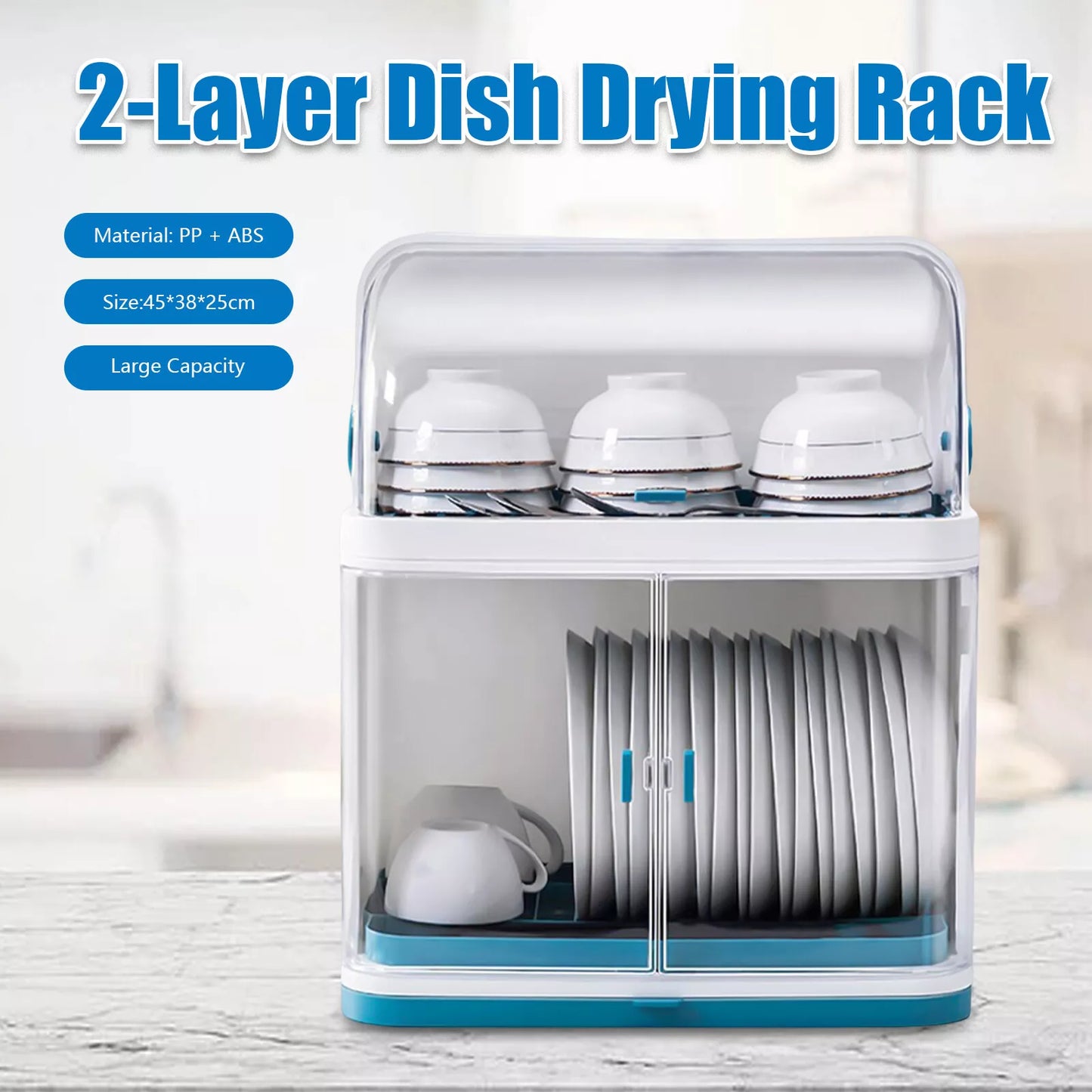 2-Layer Kitchen Dish Drying Rack with Dust-Proof Cover