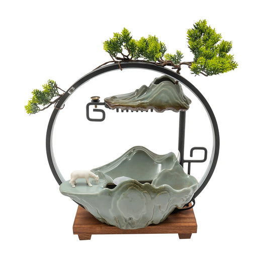 LED Tabletop Water Fountain with Indoor Faux Plants & Mist