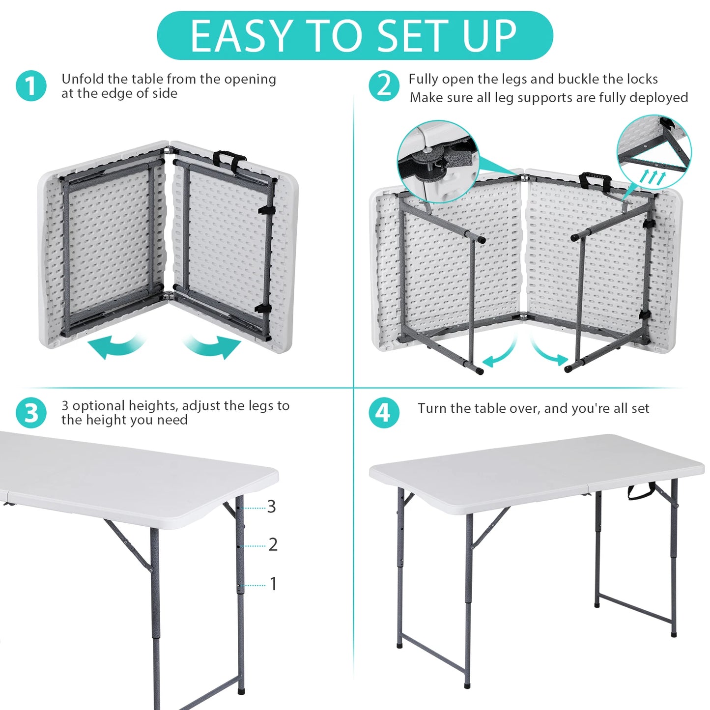 4 Ft Plastic Folding Table with Adjustable Height – White