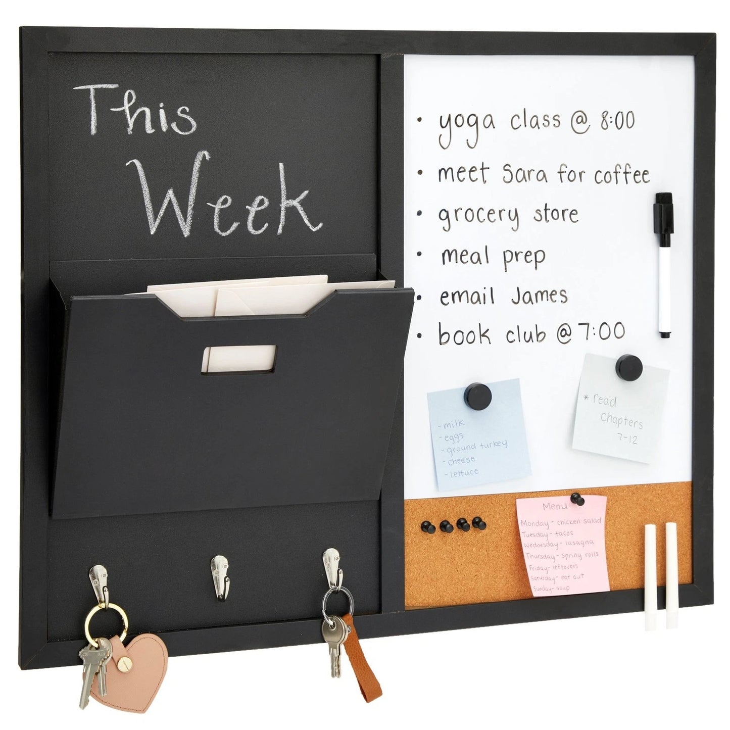 Magnetic Message Board Wall Organizer with Hooks