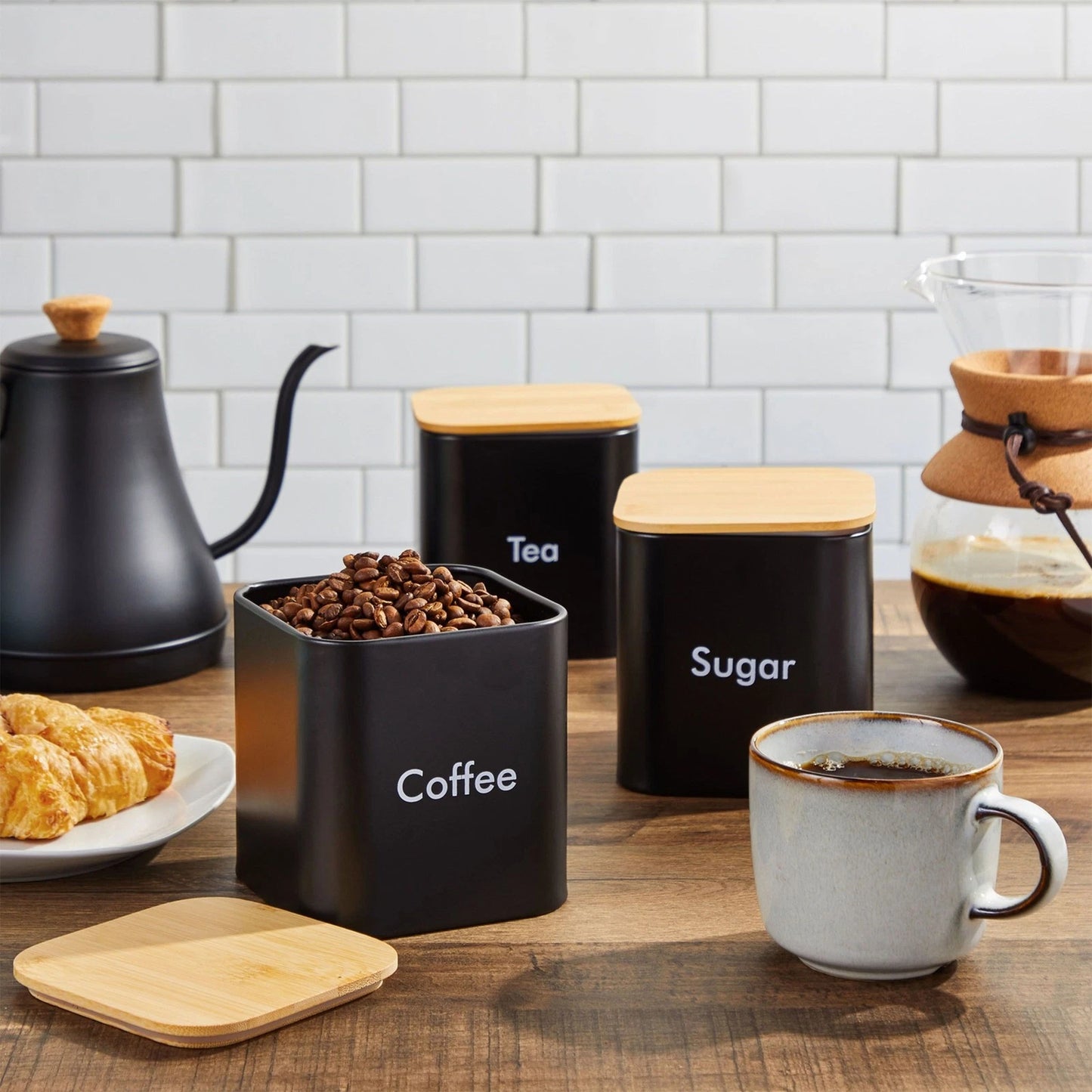Set of 3 Black Iron Kitchen Canisters