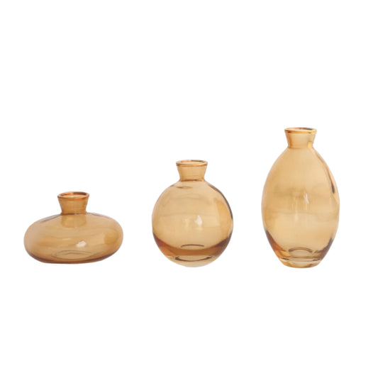 3 Small Gold Glass Vases with Metallic Rim