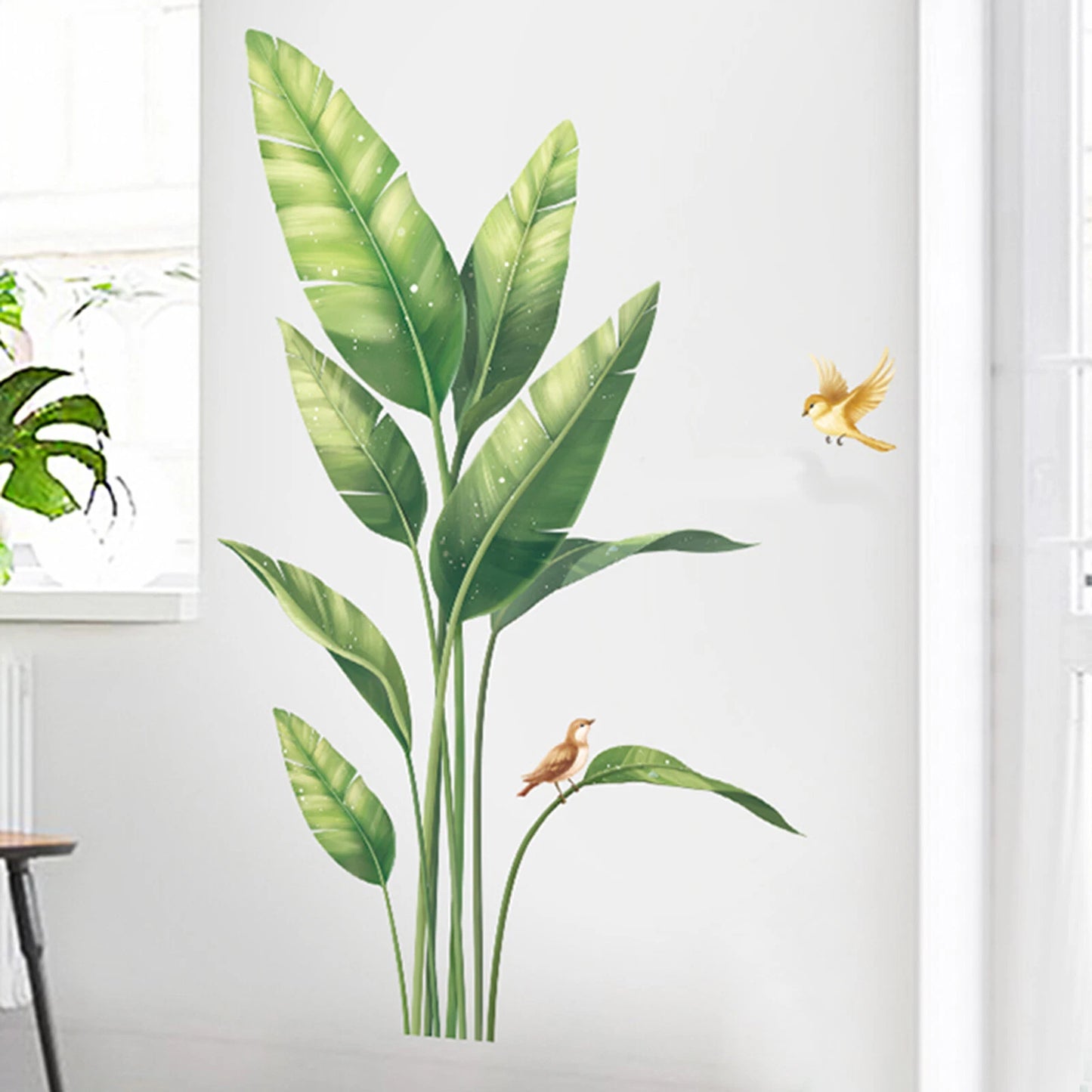 Green Wall Stickers Tropical Plants with Birds