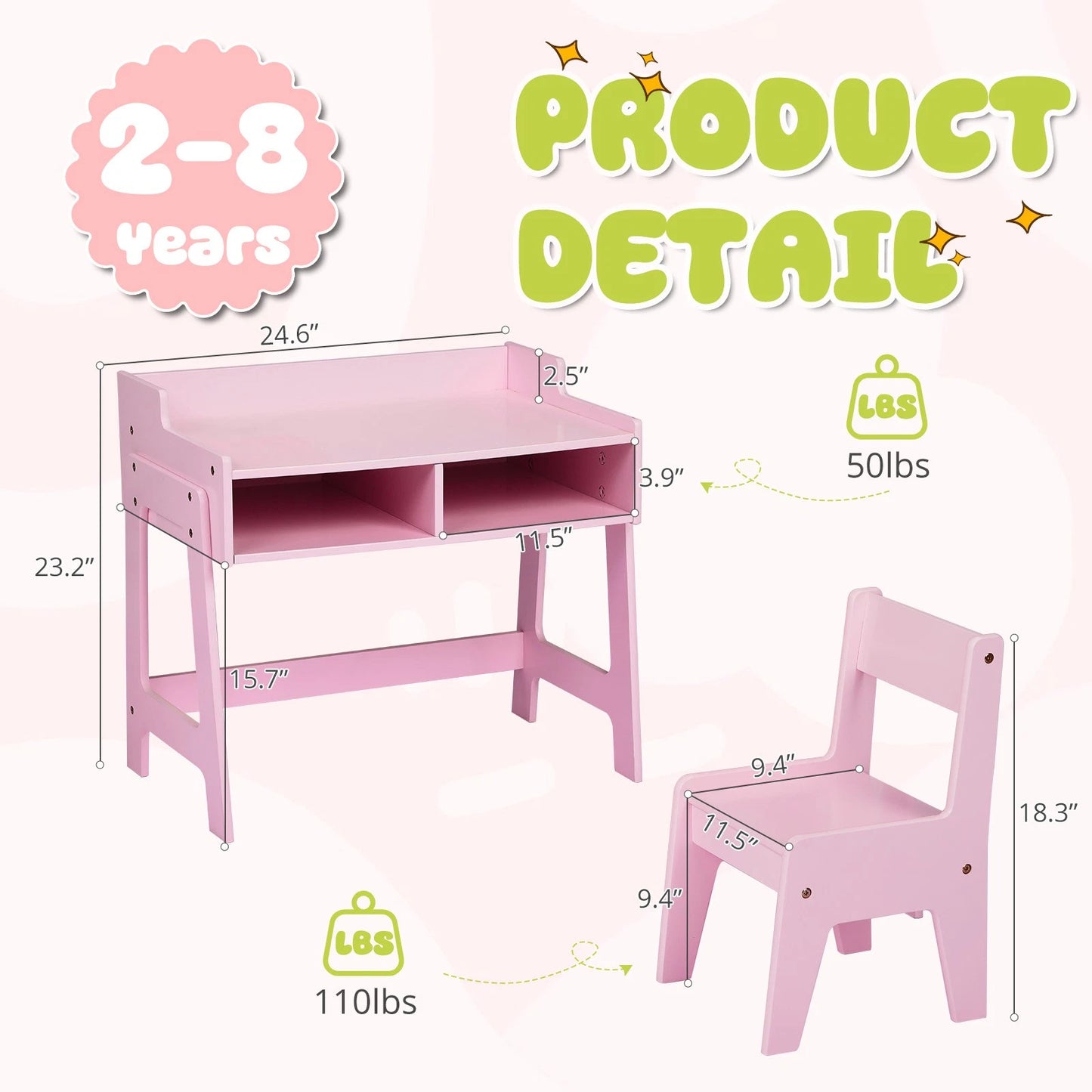 Wooden Kids Desk & Chair Set – Pink