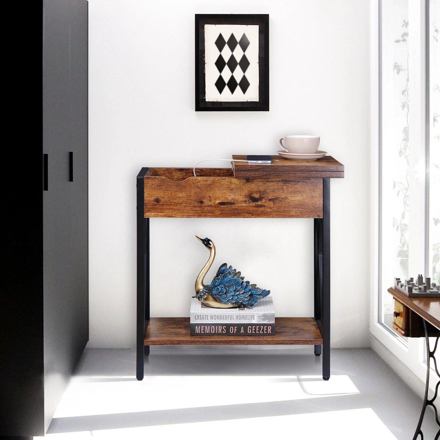 24" Flip Top End Table with Charging Station & Hidden Storage