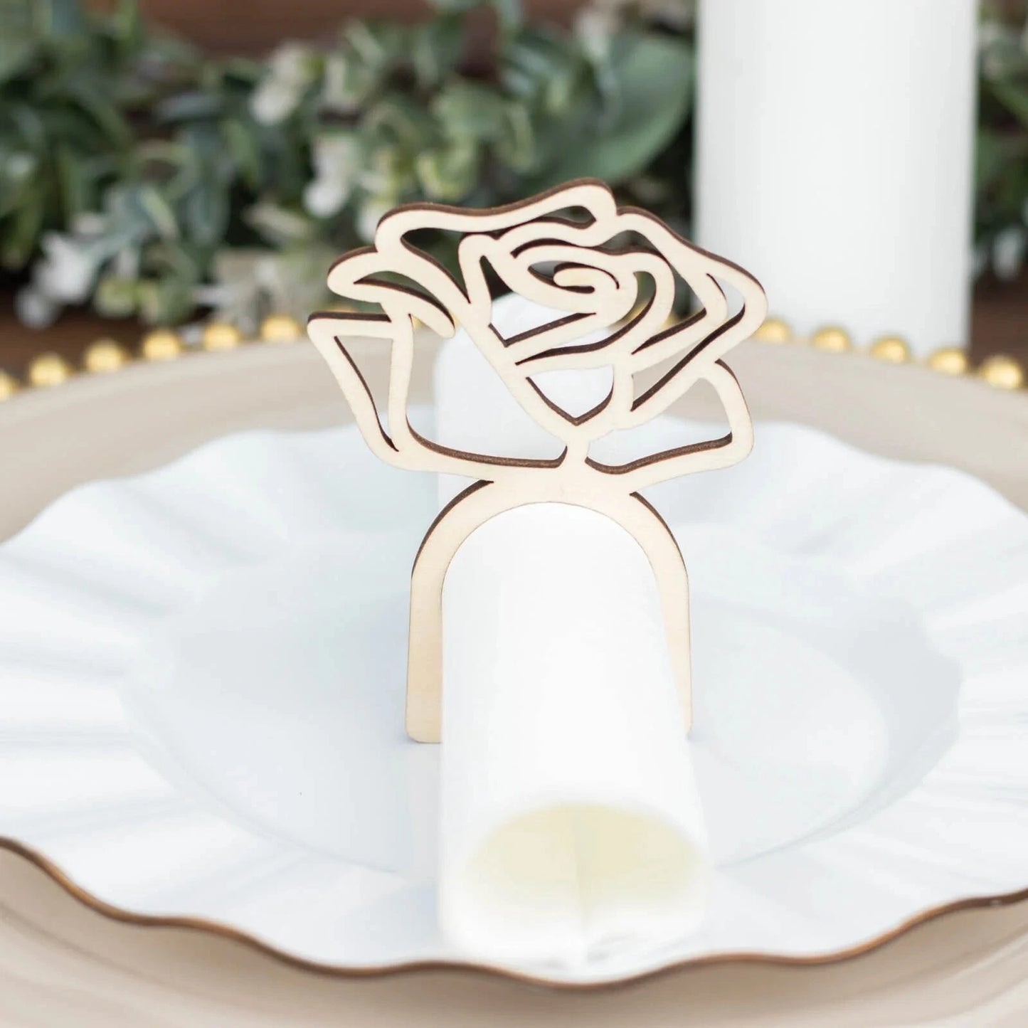 10 Natural Laser Cut Rose Design Wood Napkin Rings