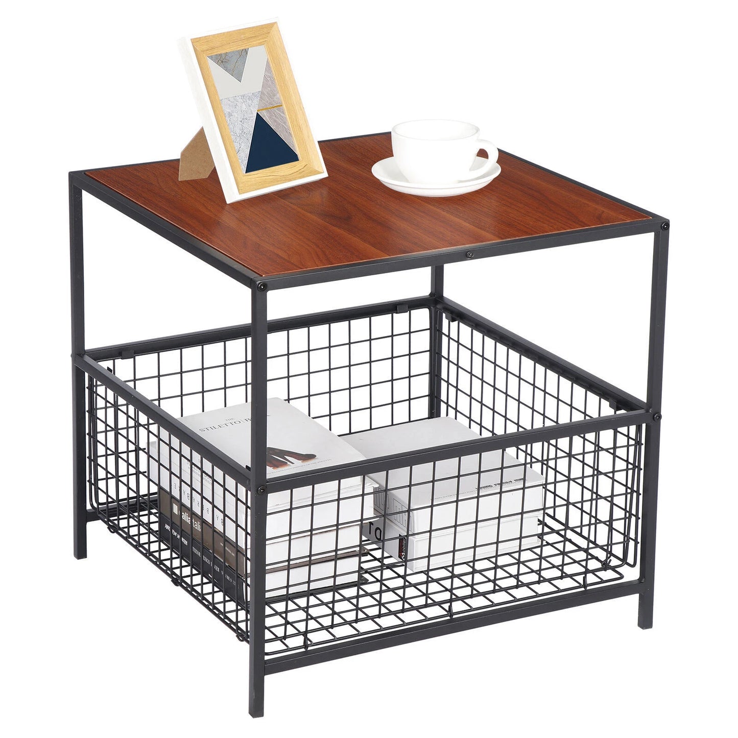 20" Side Table with Storage Basket & Wood Top