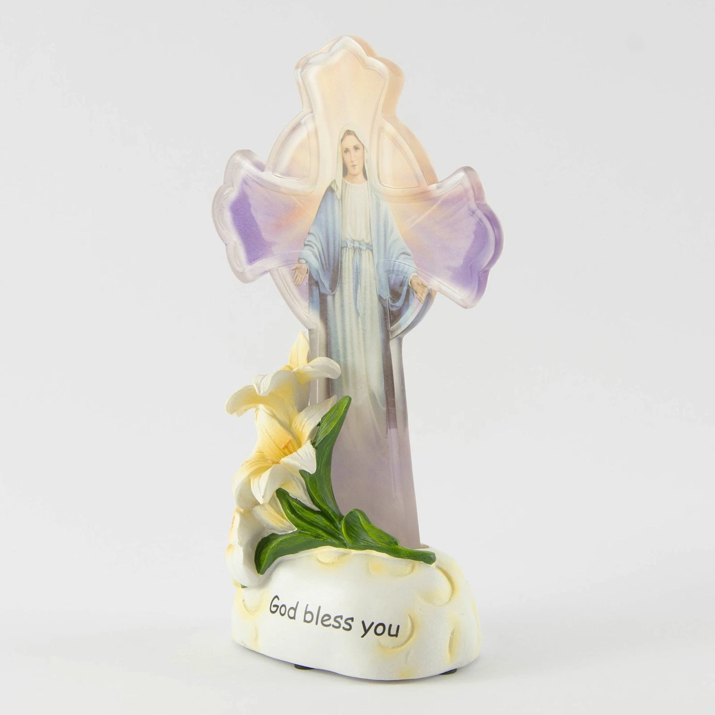 God Bless You 8" Illuminated Cross with Mother Mary Figurine