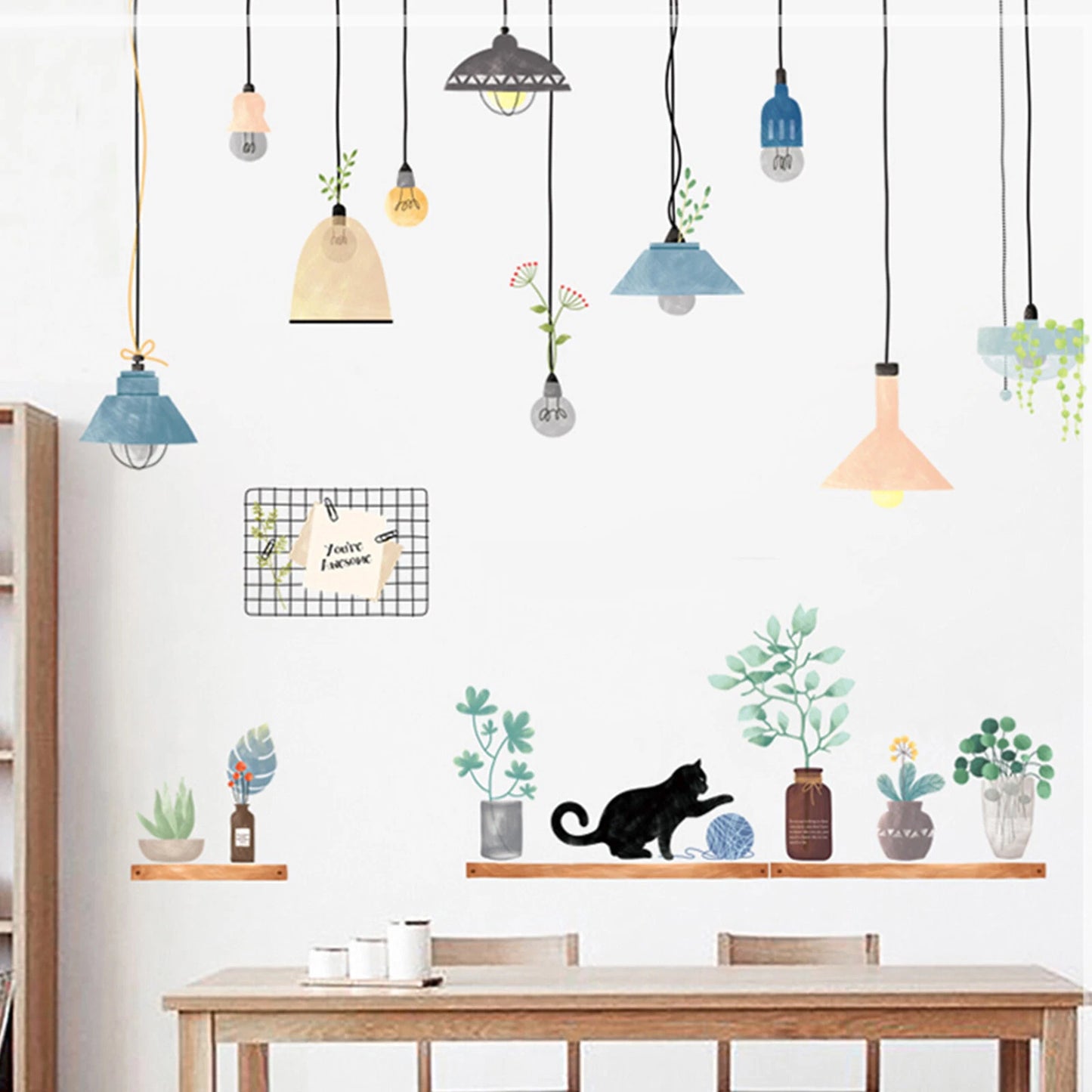Green Potted Plants Shelves and Lamps Wall Stickers