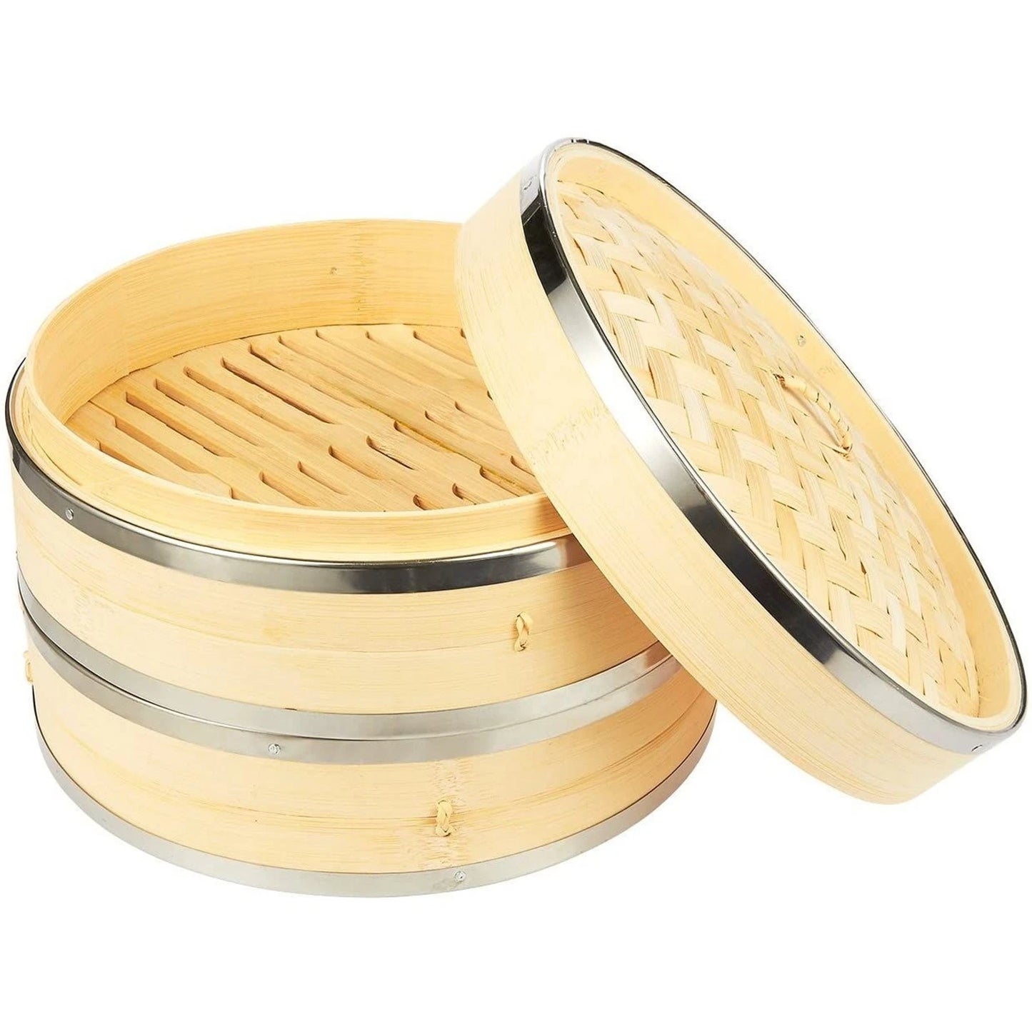 10-Inch 2-Tier Bamboo Steamer Basket with Steel Reinforcement