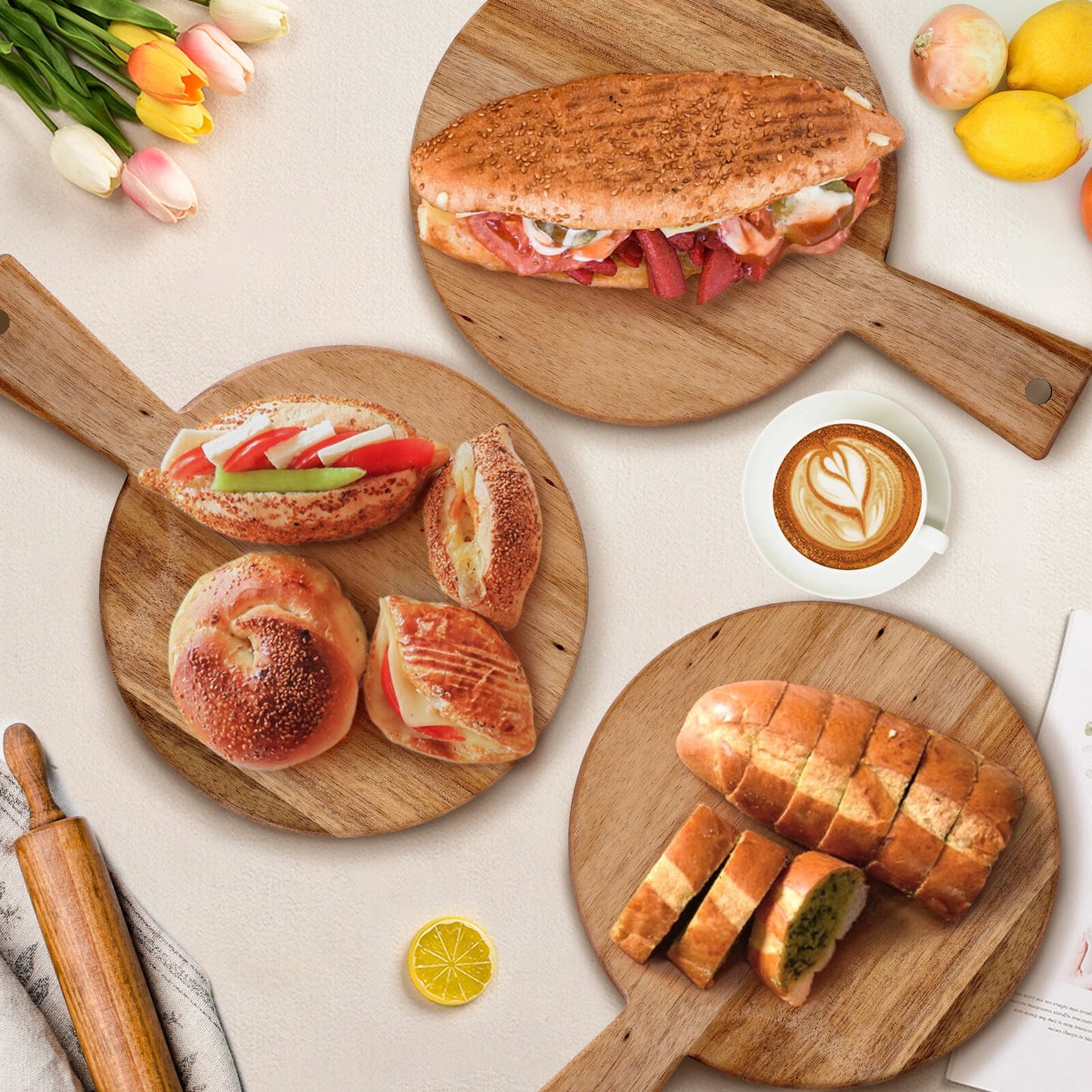 5/10pcs Wood Cutting Board Serving Tray with Handle