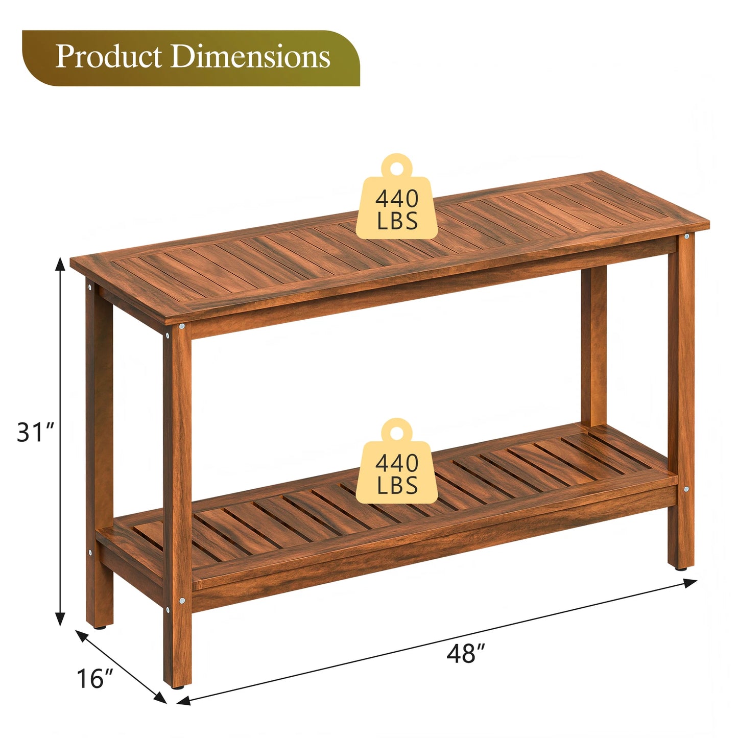 48" Wooden Patio Console Table with 2-Tier Storage Shelf