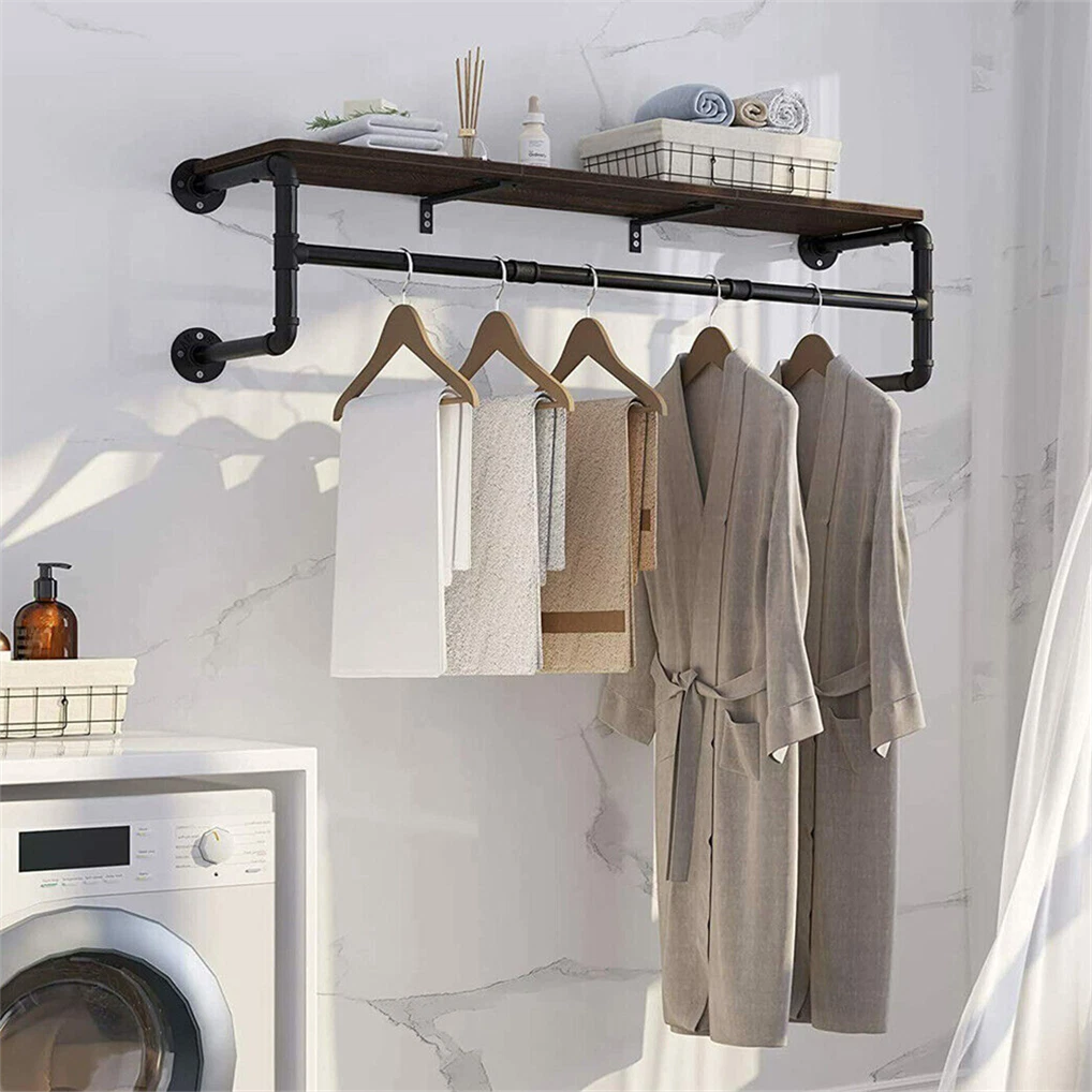 Industrial Pipe Wall-Mounted Clothes Rack with Top Shelf