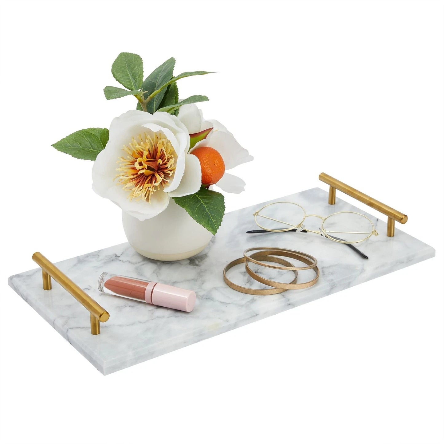 Elegant White Marble Tray with Gold Handles