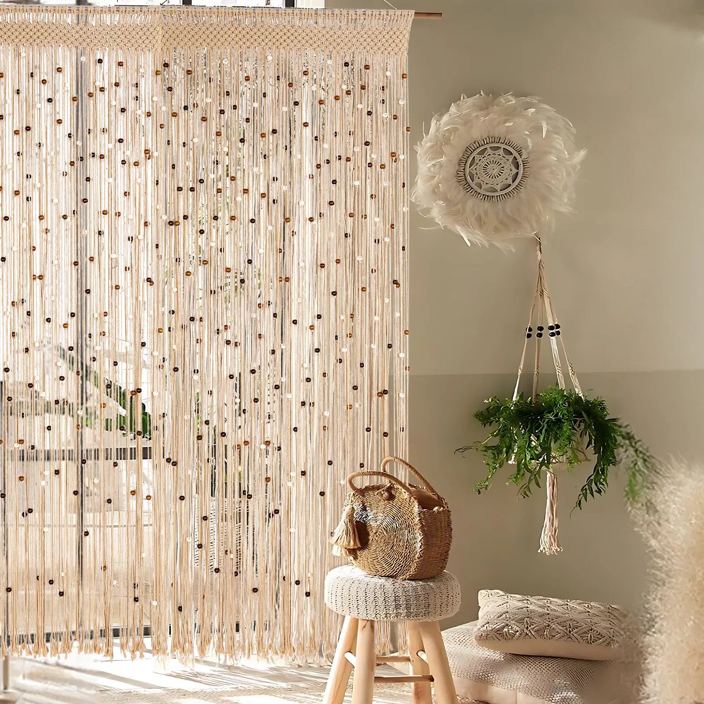 2Pcs Macrame String Curtain with Wooden Beads