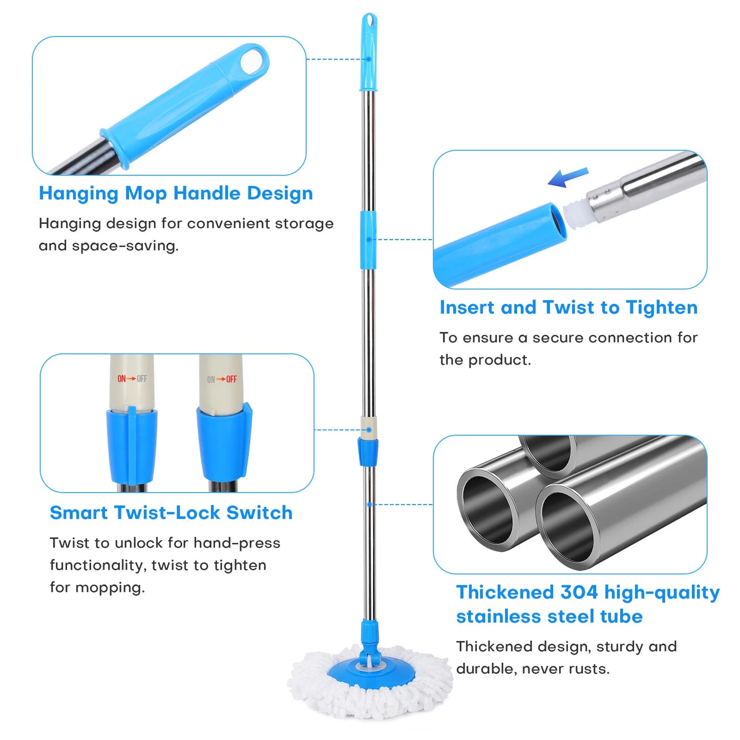 360° Spinning Mop Handle Replacement with 2 Microfiber Mop Heads