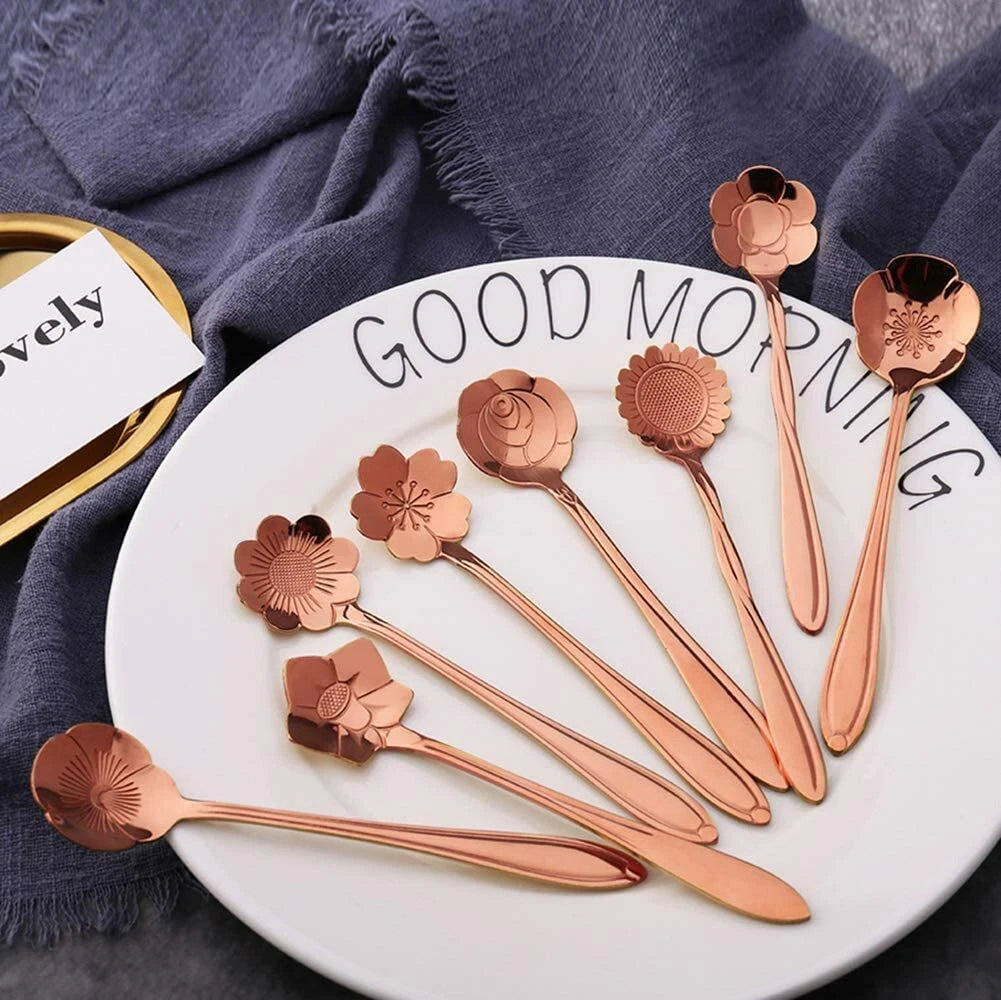 8-Pack Rose Gold Floral Stainless Steel Coffee & Tea Spoon Set
