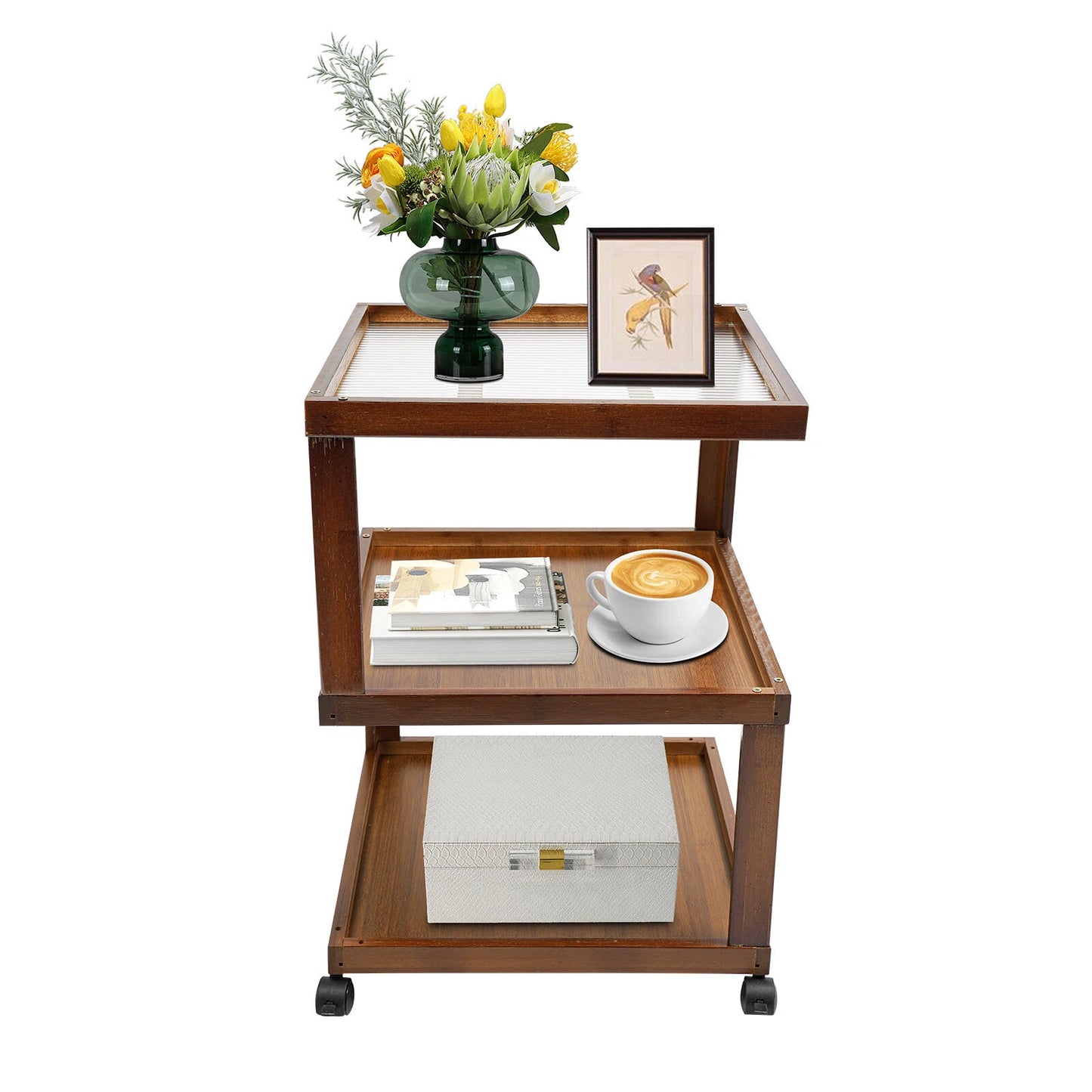 3-Tier Wood Nightstand End Table for Small Spaces with Open Storage