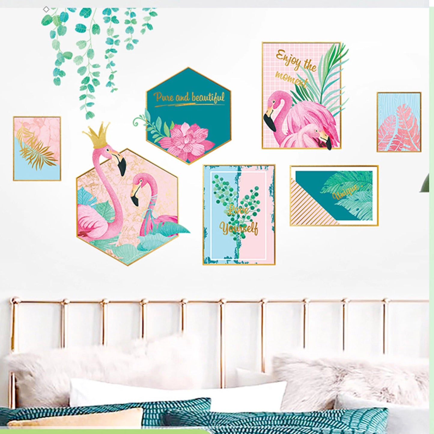 Pink Green Flamingo Frame Wall Stickers