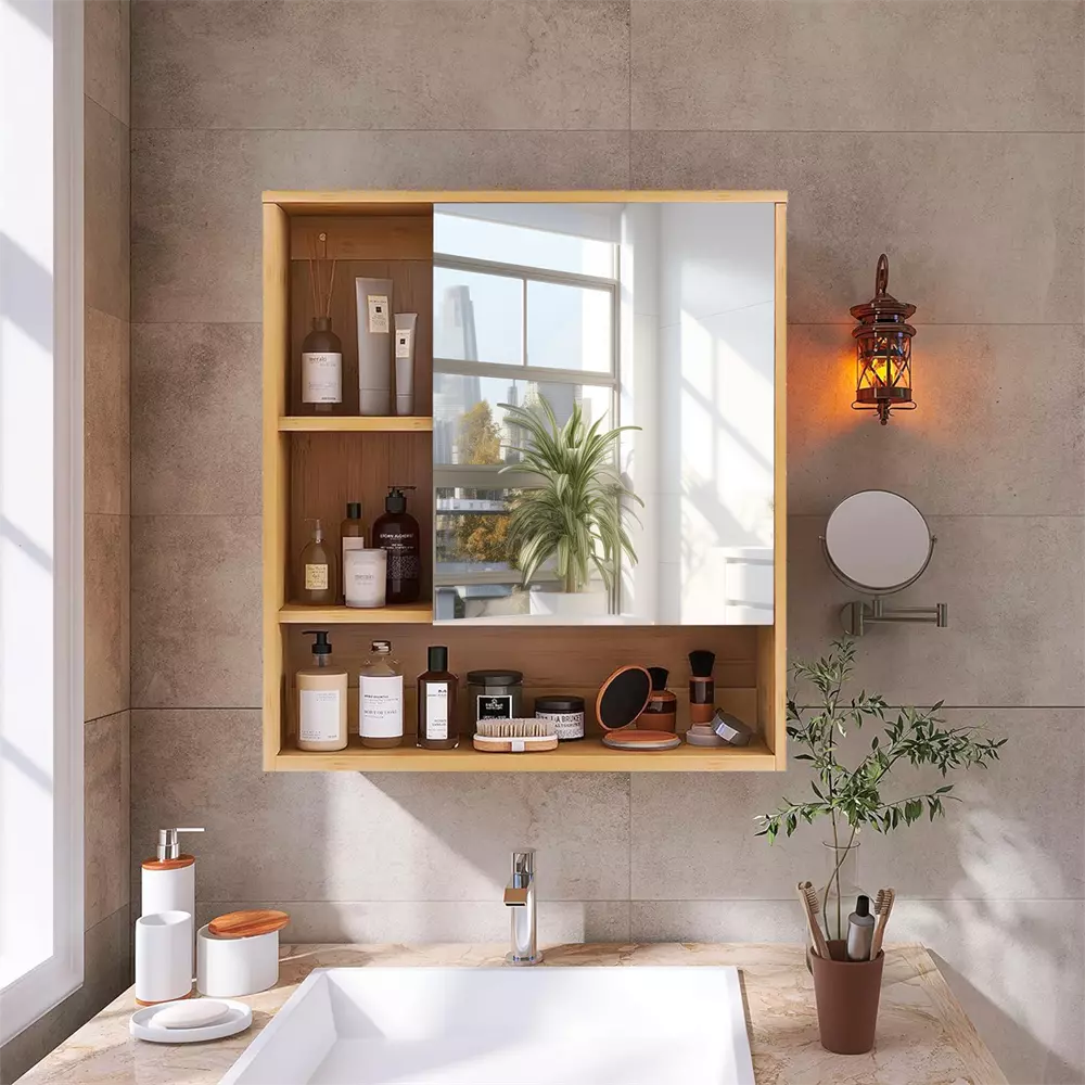 Bamboo Bathroom Mirror Cabinet Wall-Mounted