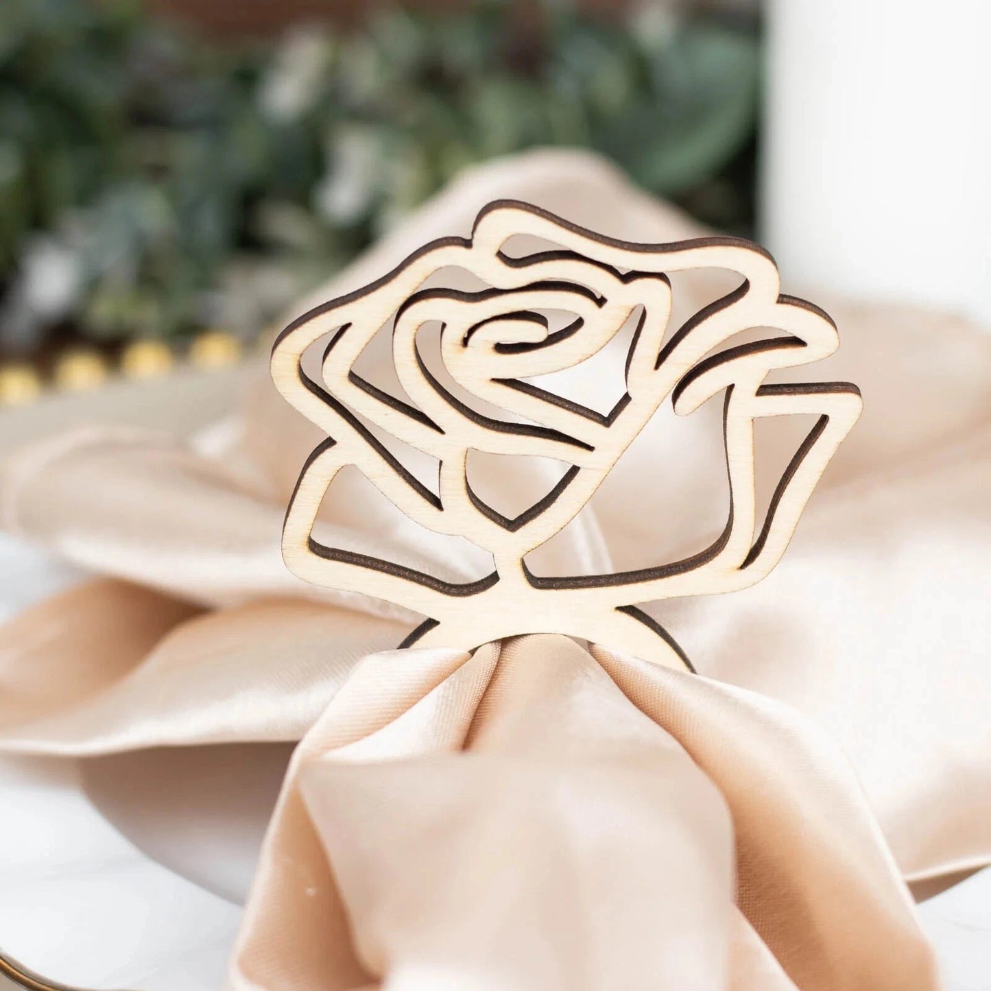 10 Natural Laser Cut Rose Design Wood Napkin Rings