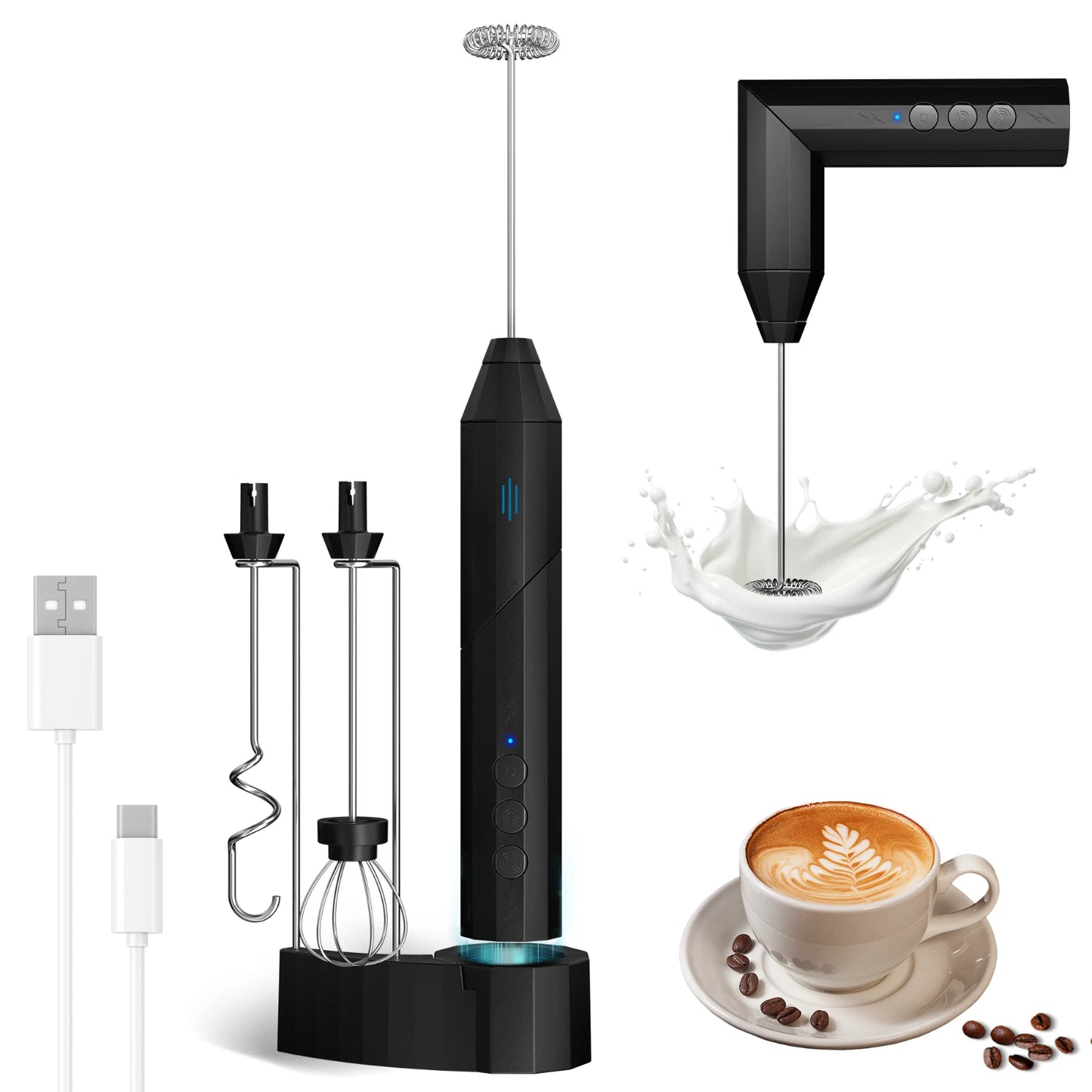 Electric Milk Frother – Rechargeable Handheld Foam Maker with 3 Whisks