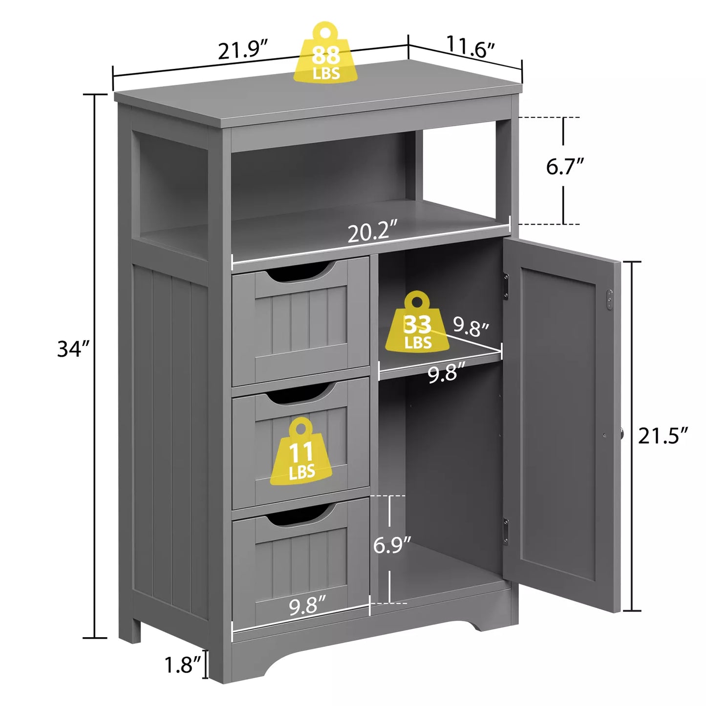 Gray Bathroom Storage Floor Cabinet with Adjustable Shelf