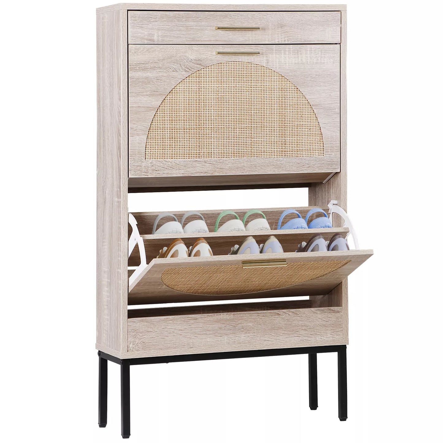 Rattan Shoe Cabinet with 2 Flip Drawers