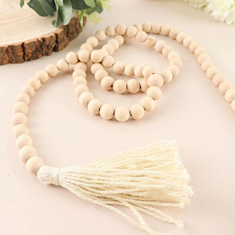 55" Cream Wood Bead Garland with Tassels