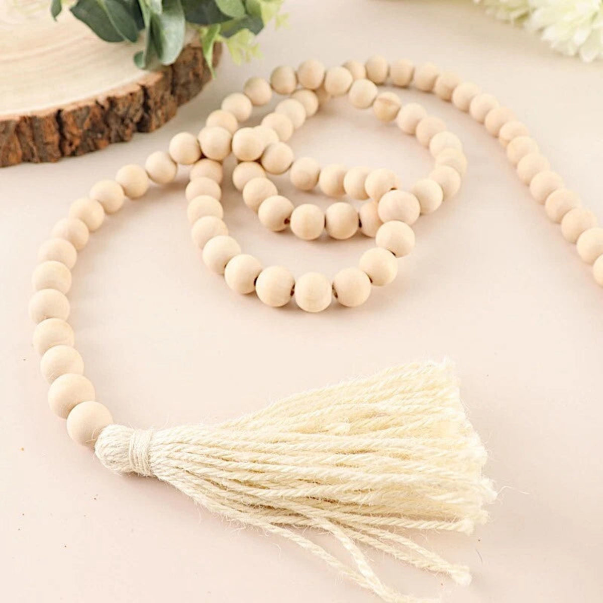 Home Collection 55" Cream Wood Bead Garland with Tassels