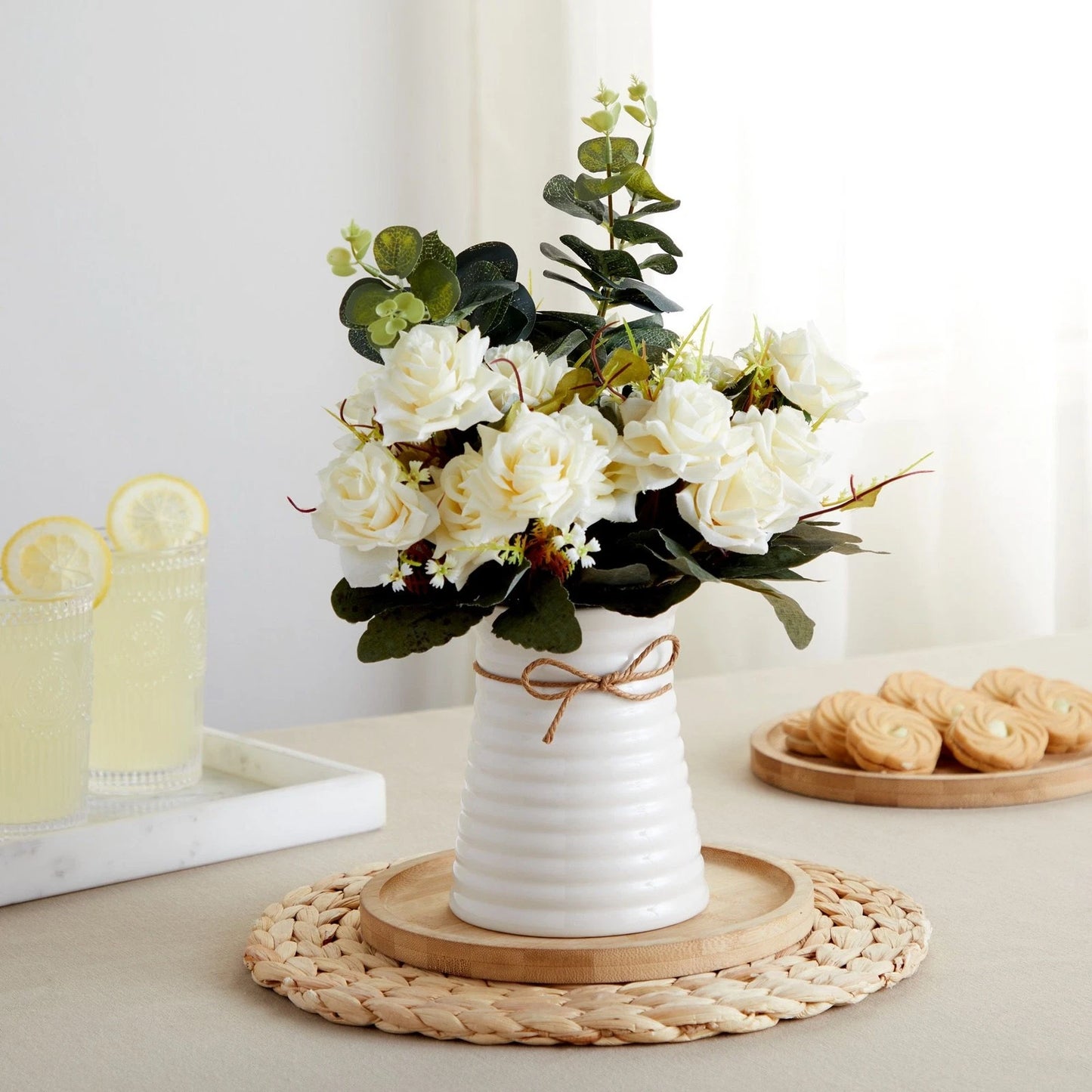 Artificial White Rose Arrangement with Ceramic Vase