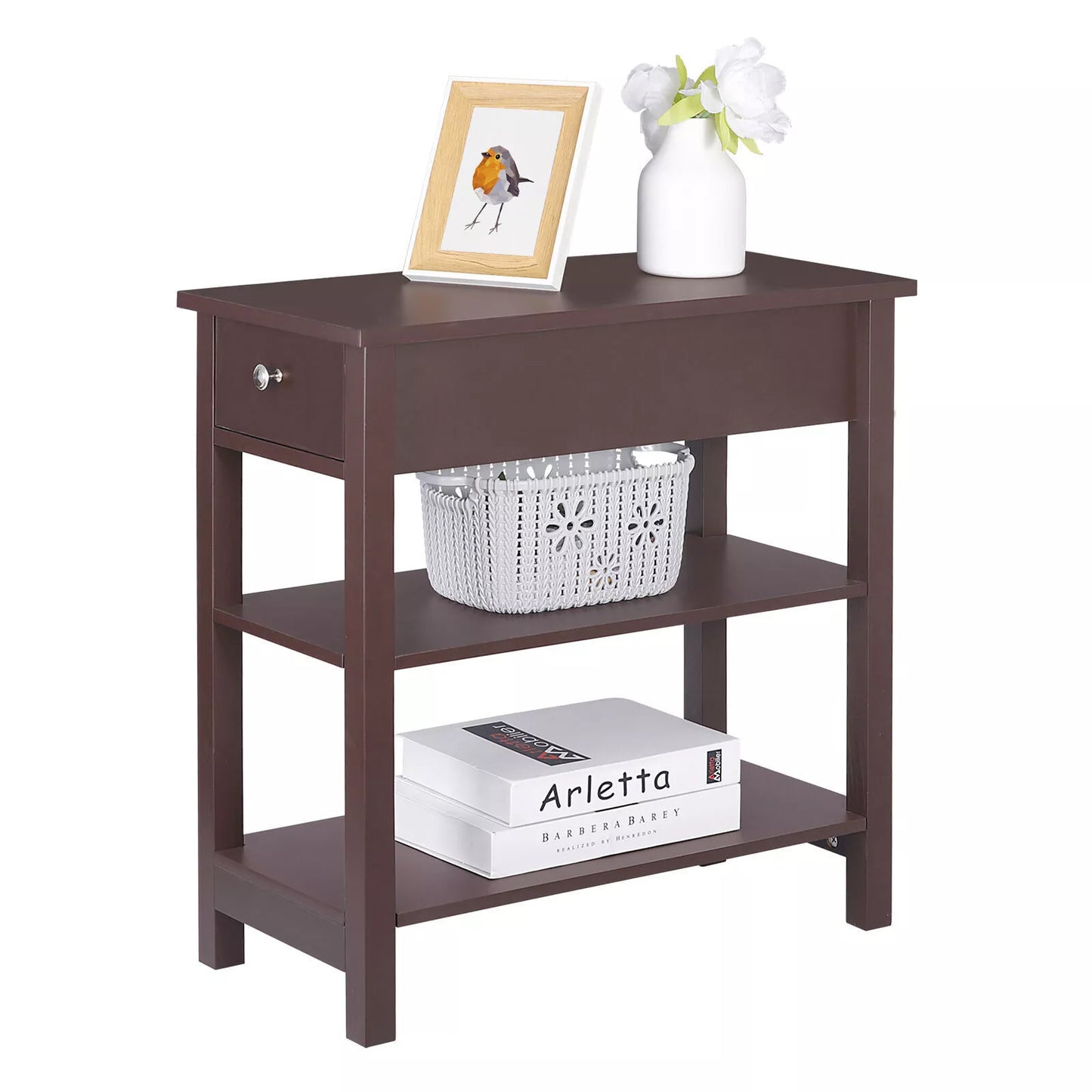 24" Slim End Table with Drawer & Shelves
