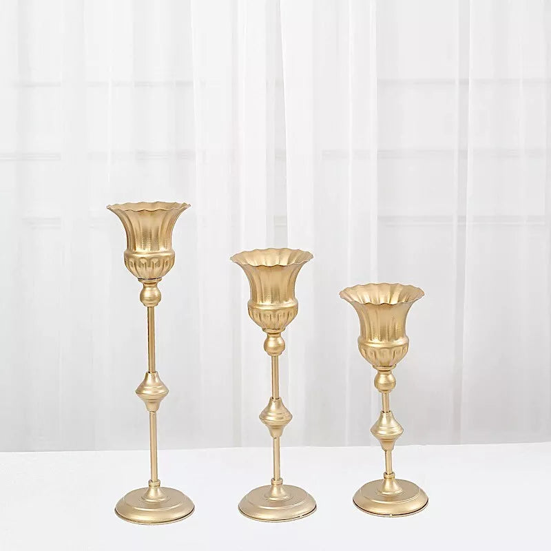 3 Piece Set Gold Metal Flute Trumpet Vases