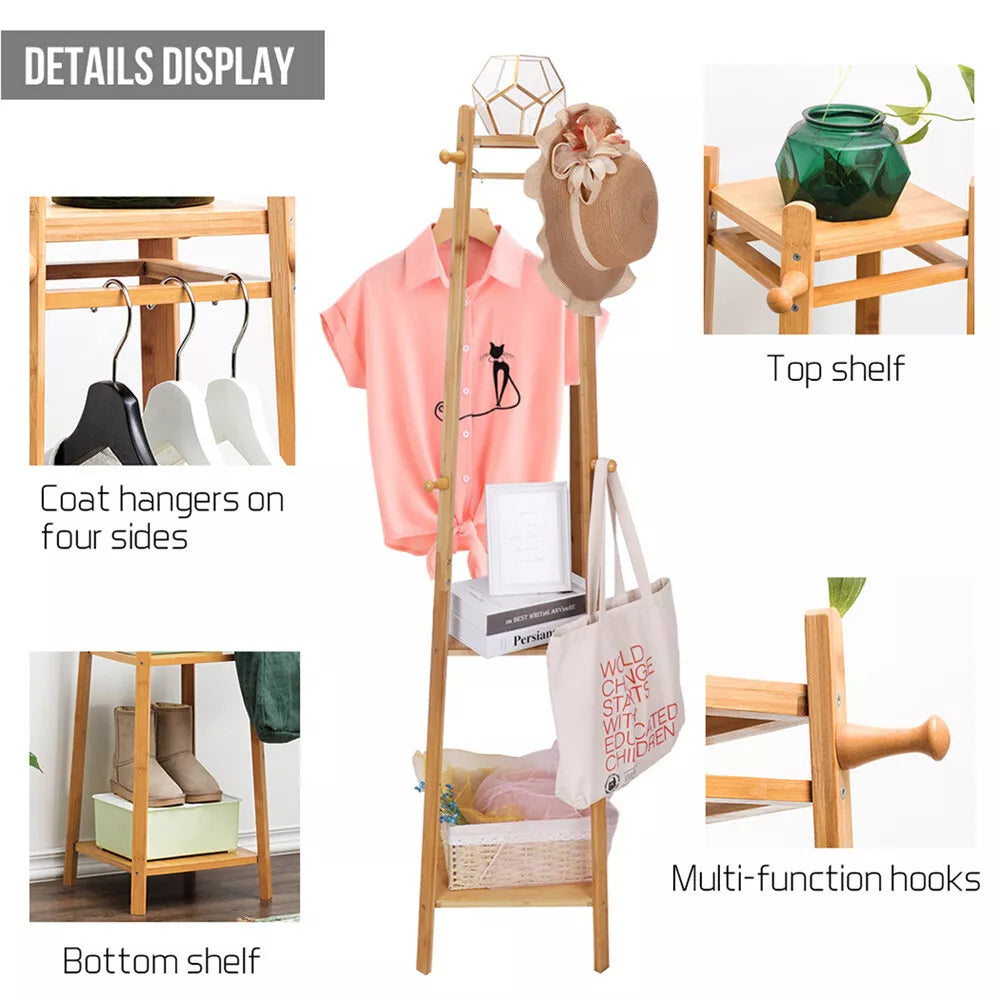 Bamboo Standing Coat Rack with Shelves & Hooks