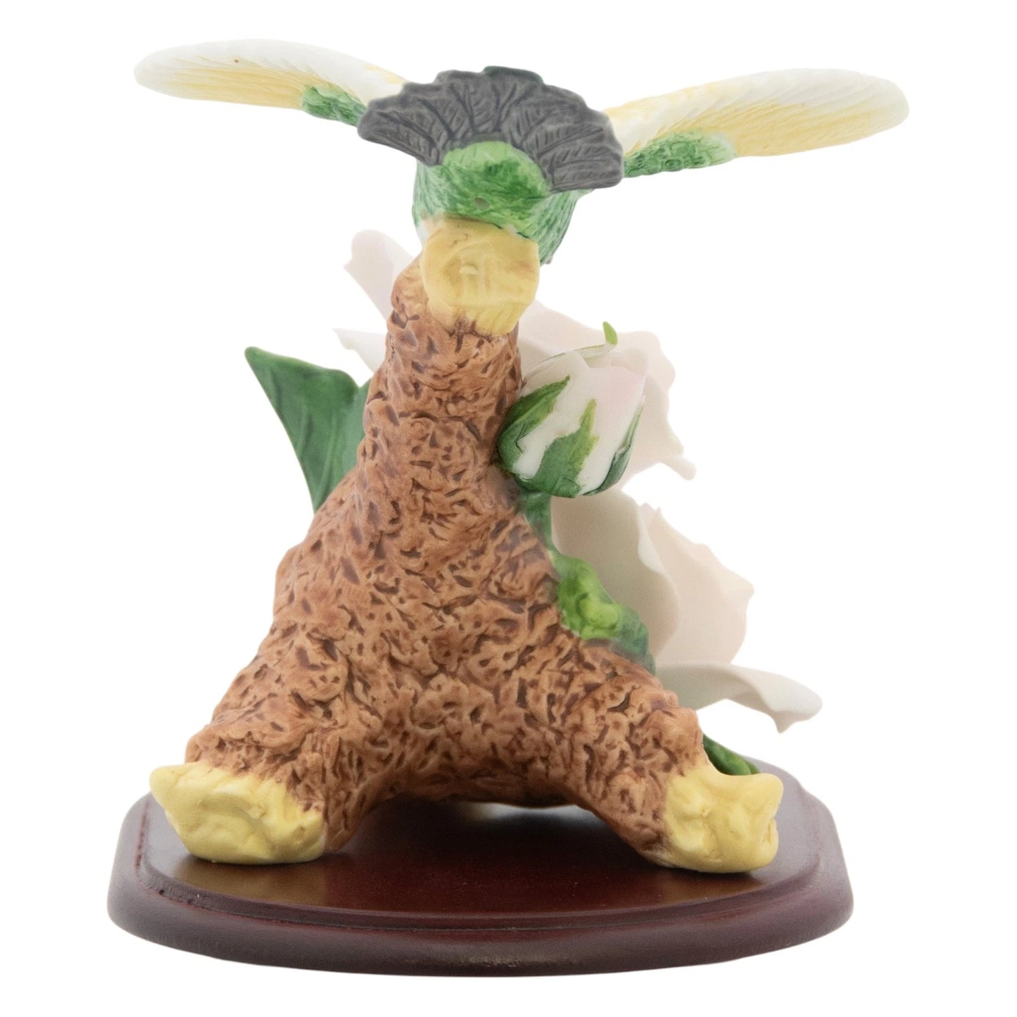 Porcelain Hummingbird with White Roses Figurine on Wooden Pedestal