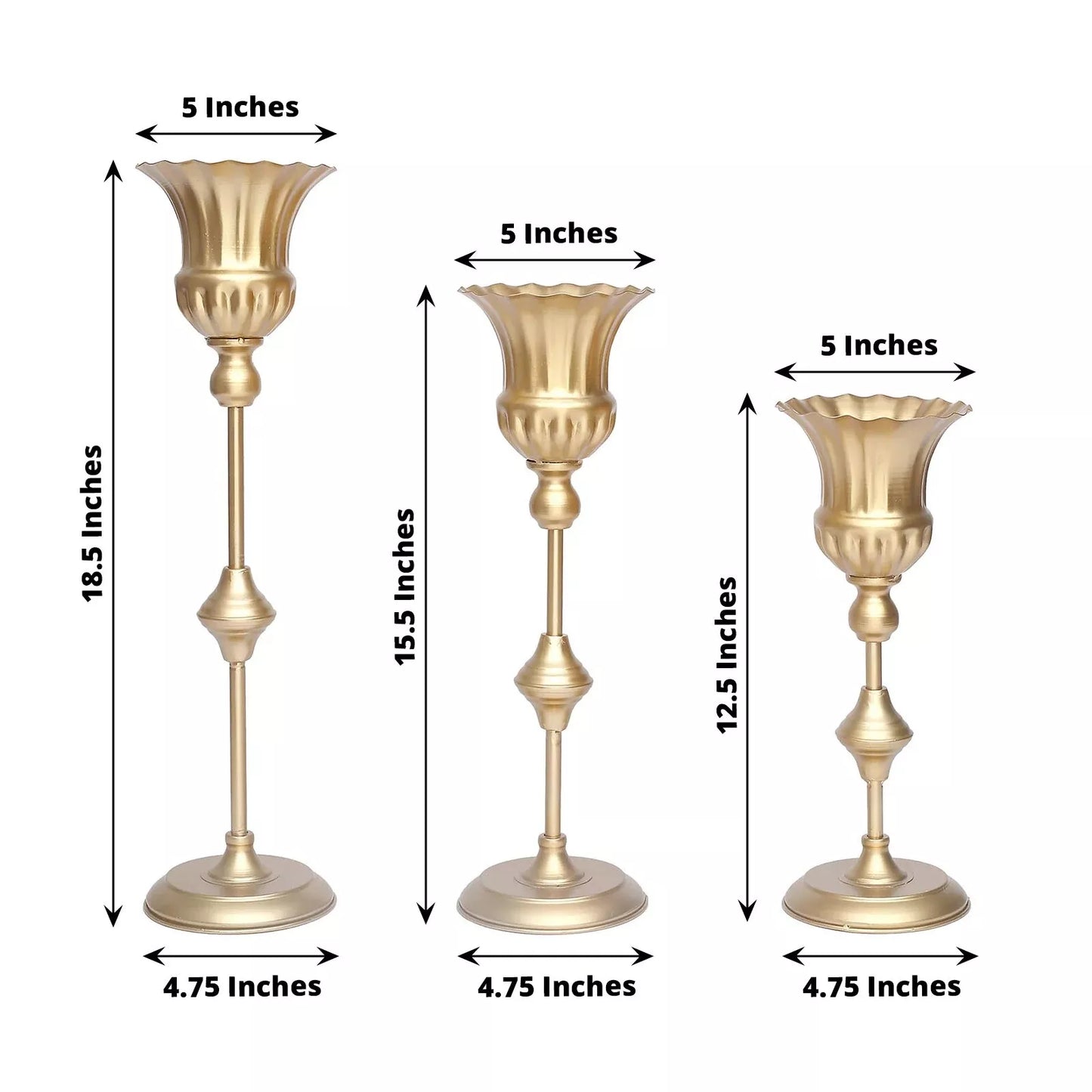 3 Piece Set Gold Metal Flute Trumpet Vases
